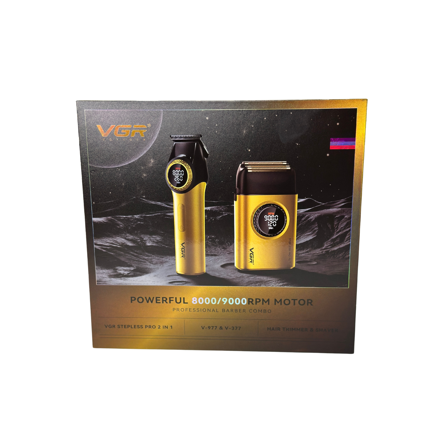 Combo VGR Profesional de Barbería Trimmer V-977 + Afeitadora Eléctrica V-377 GOLD