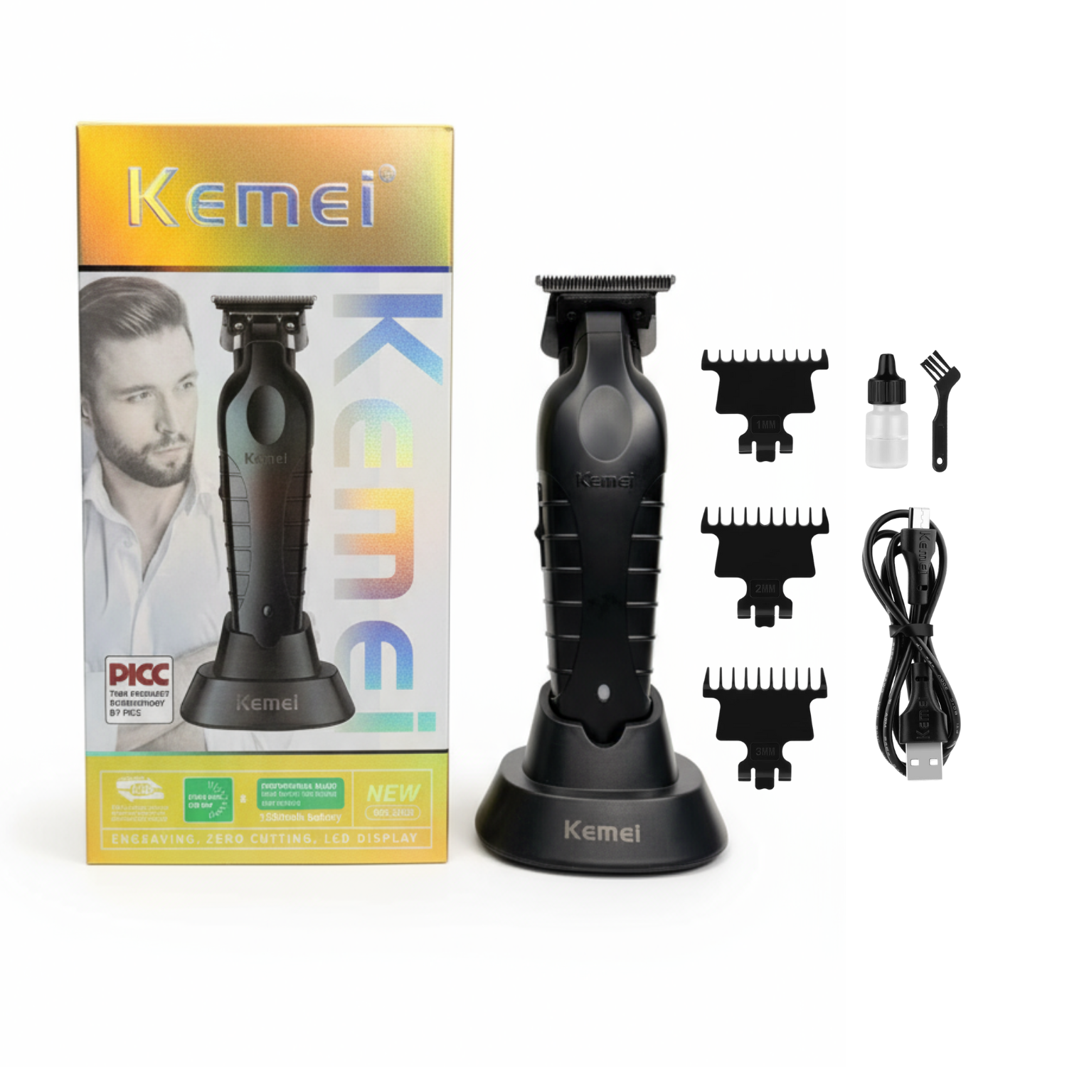 Combo Kemei Máquina Cortapelo KM-2296 + KM-2299 con Base de Carga