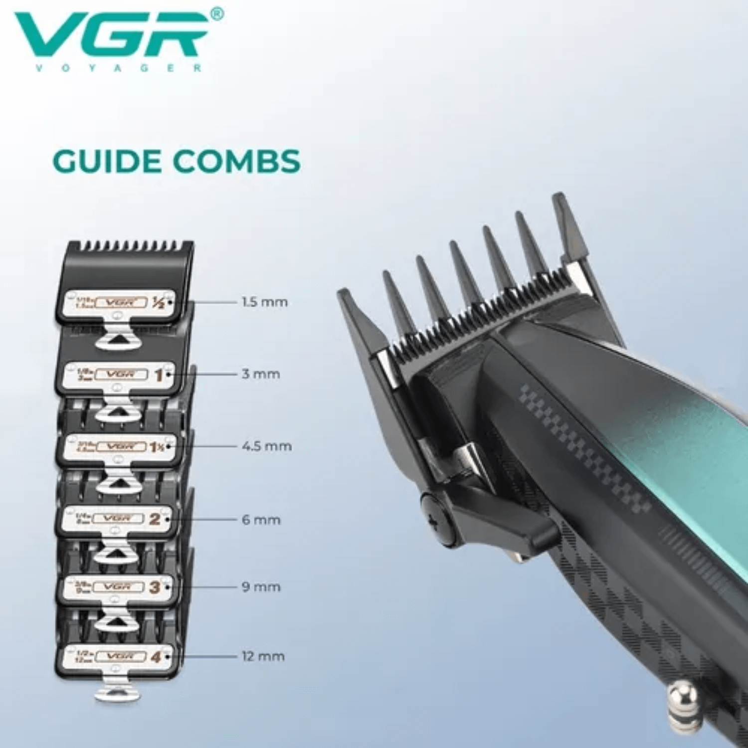 Máquina Cortapelo VGR V-270 con peines guía, ideal para cortes precisos y personalizados en casa.