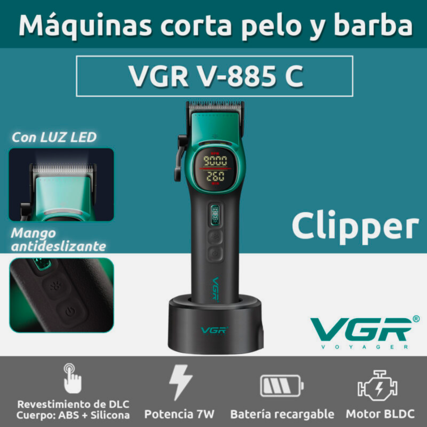 Máquina Cortar Pelo Barberia Clipper Vgr V-885c Profesional Color Verde