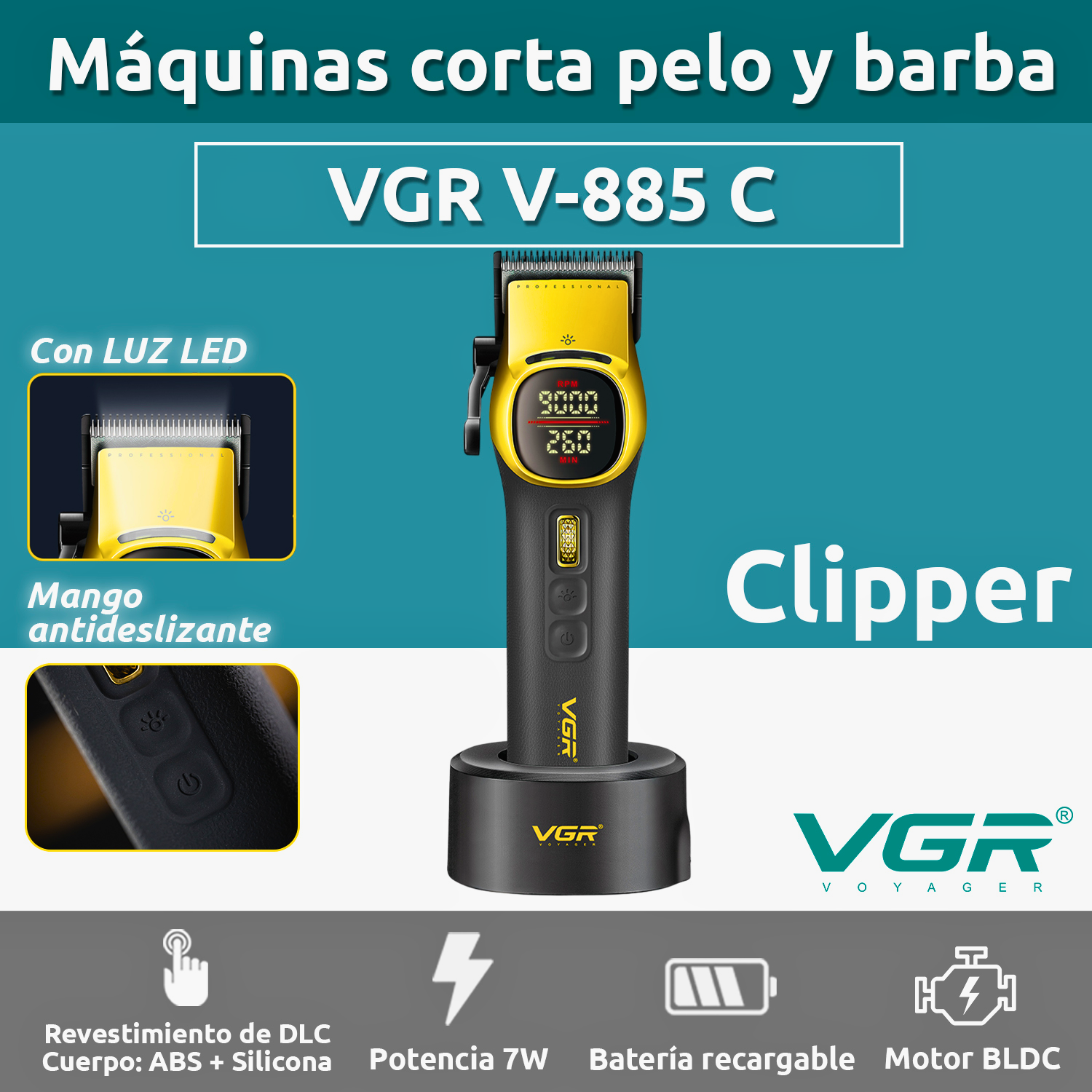 Máquina Cortar Pelo Barberia Clipper Vgr V-885c Profesional Color Amarillo