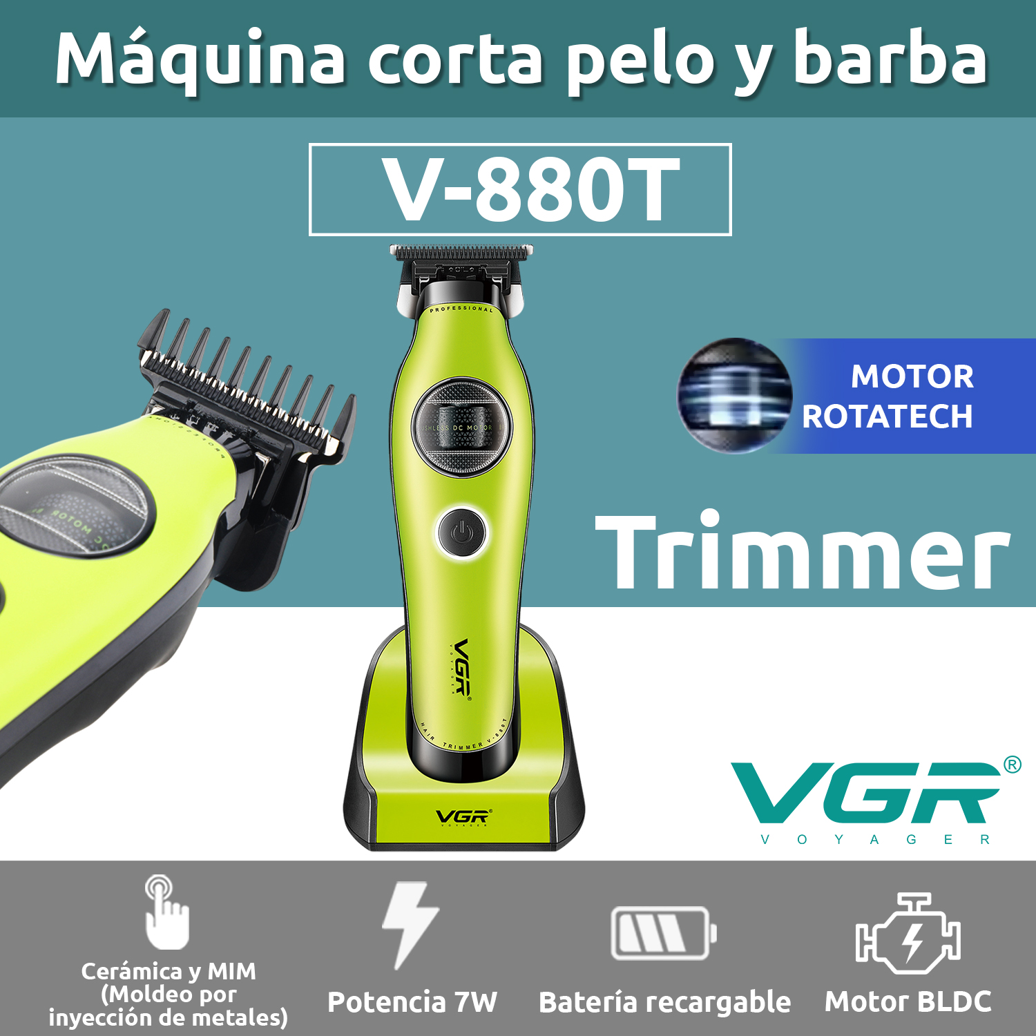 Patillera Profesional VGR V-880T con Motor BLDC 7200RPM Verde