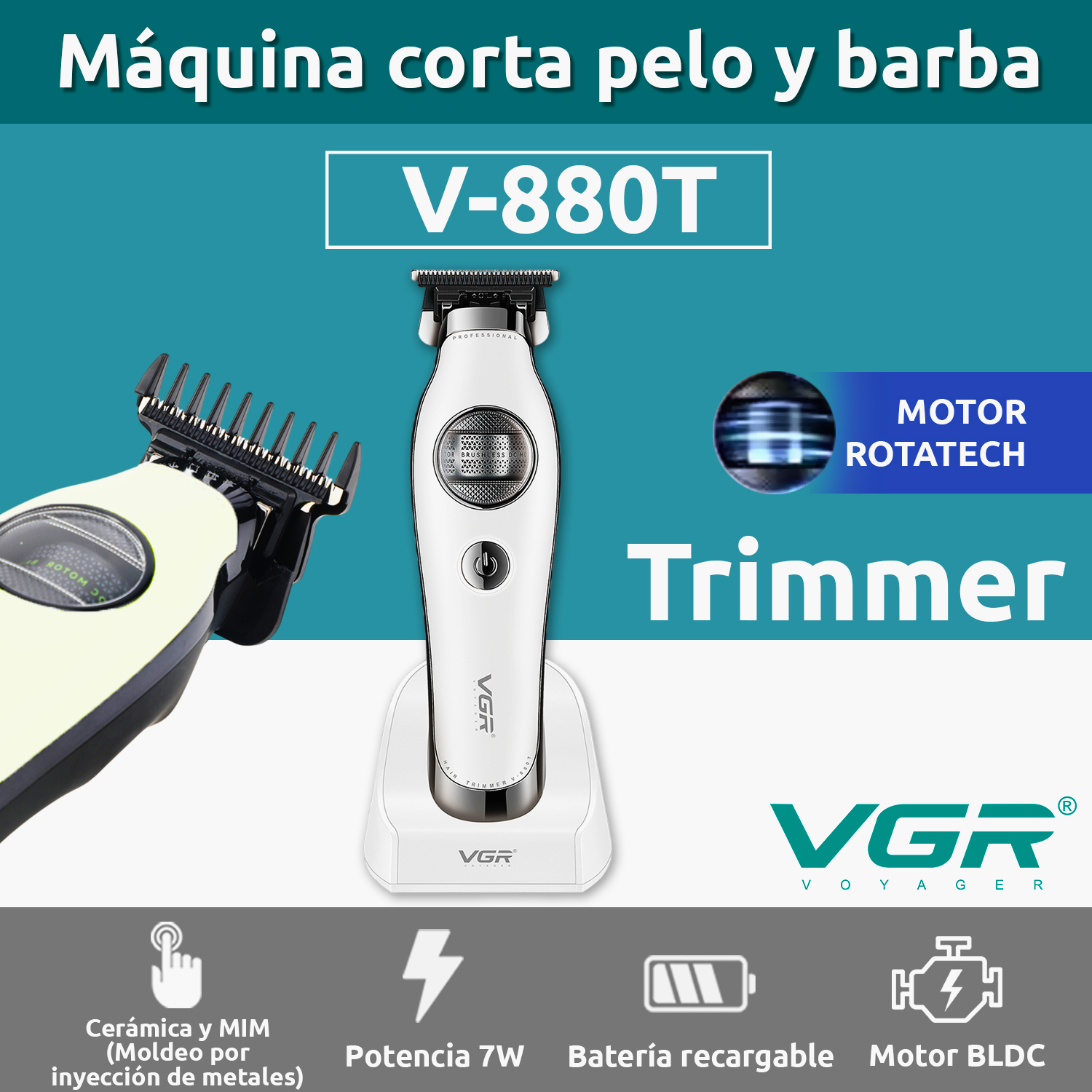 Patillera Profesional VGR V-880T con Motor BLDC 7200RPM Blanco