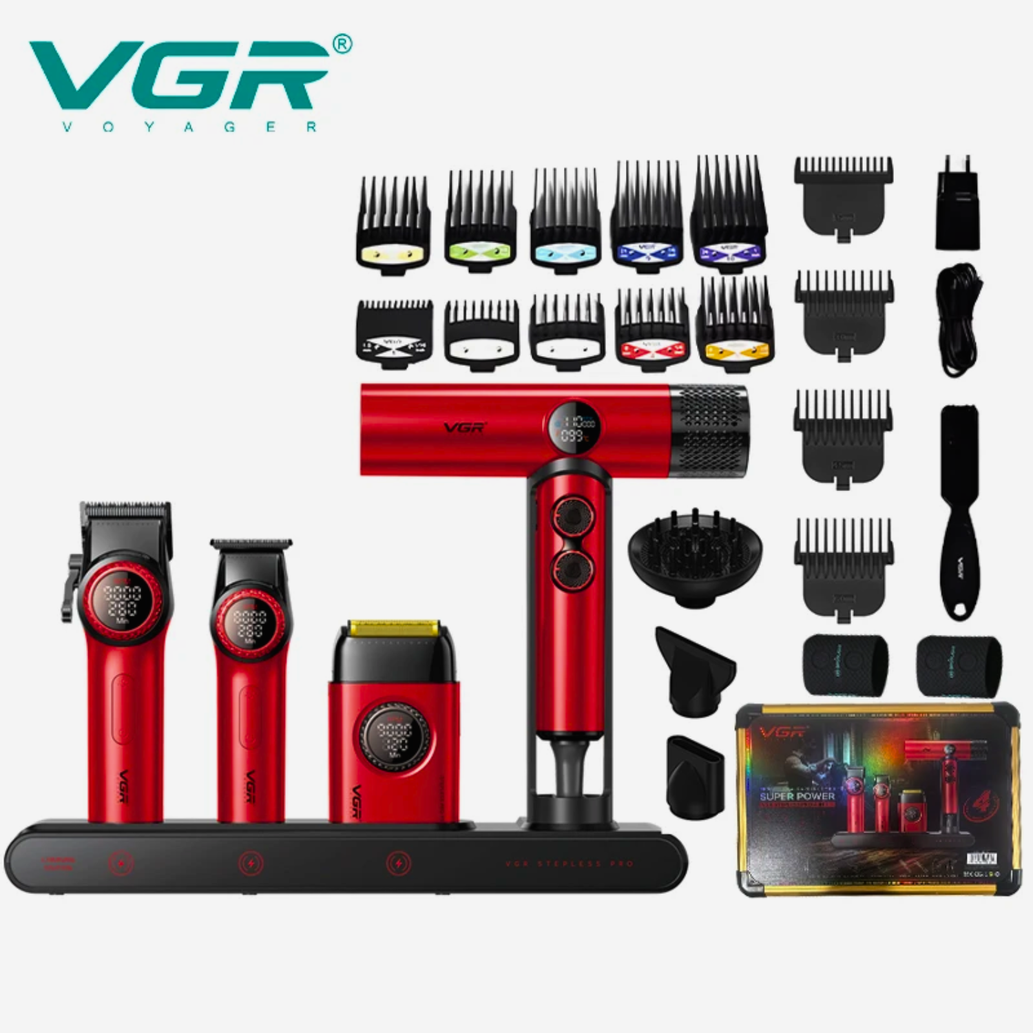 Combo Kit Vgr Professional Clipper Trimmer Shaver y Secador 4 en 1 Maleta Rojo