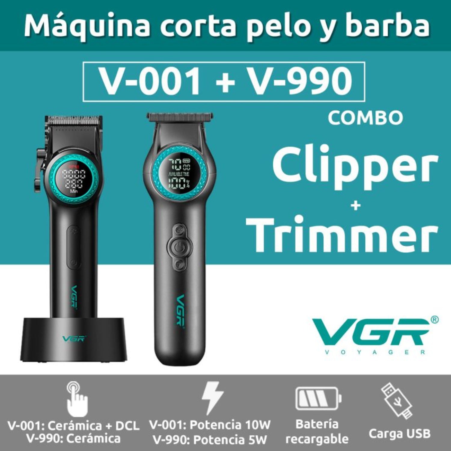 CORTAPELO PROFESIONAL - Barber Combo VGR Profesional Clipper V-001 + Trimmer V-990
