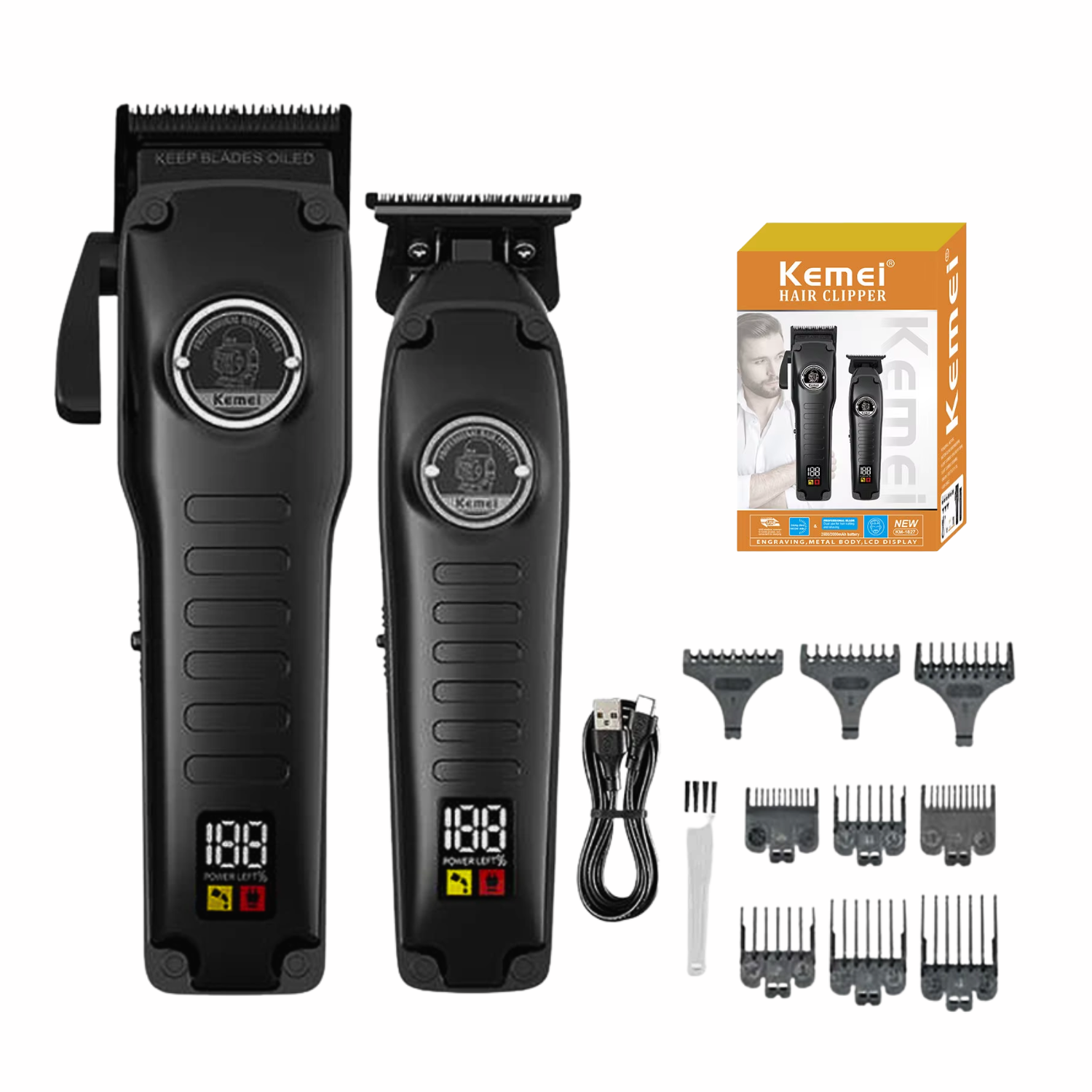 Combo Kemei Profesional de Cortadora y Patillera KM 1827 Negro