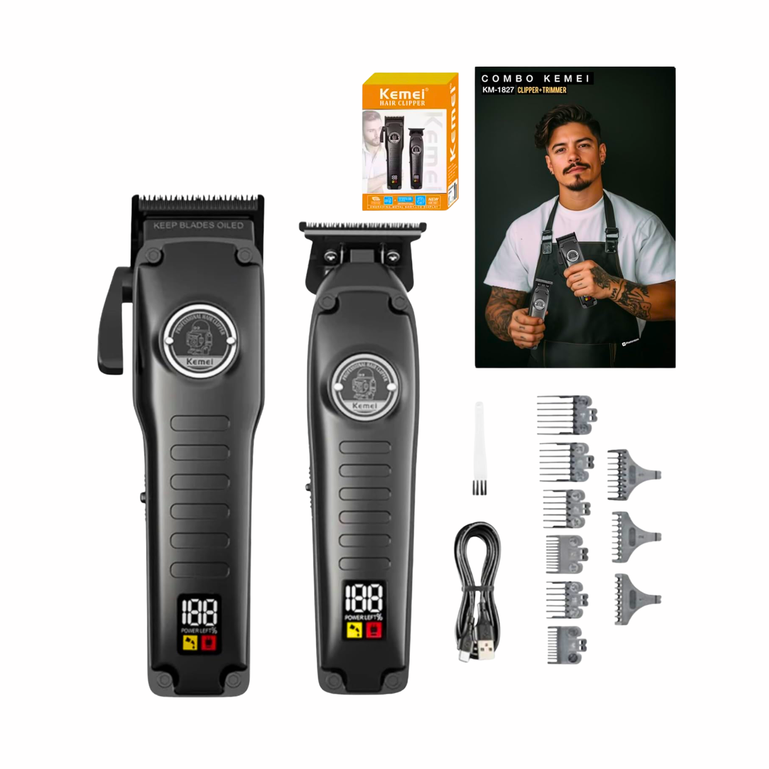 Combo Kemei Profesional de Cortadora y Patillera KM 1827 Negro