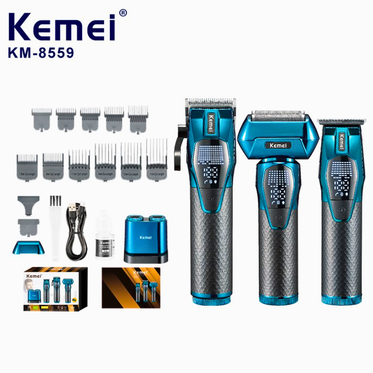 Barber Combo Kemei KM-8559 Cortapelo + Patillera + Shaver Profesional – 3 en 1 Recargable