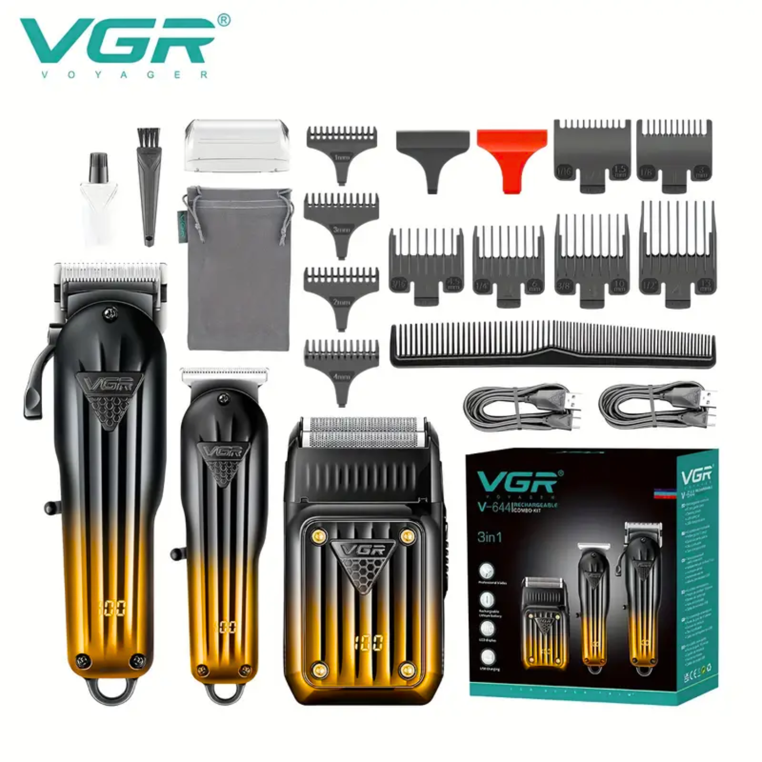 Barber Combo VGR Profesional de Barbería V644 Clipper + Trimmer + Shaver