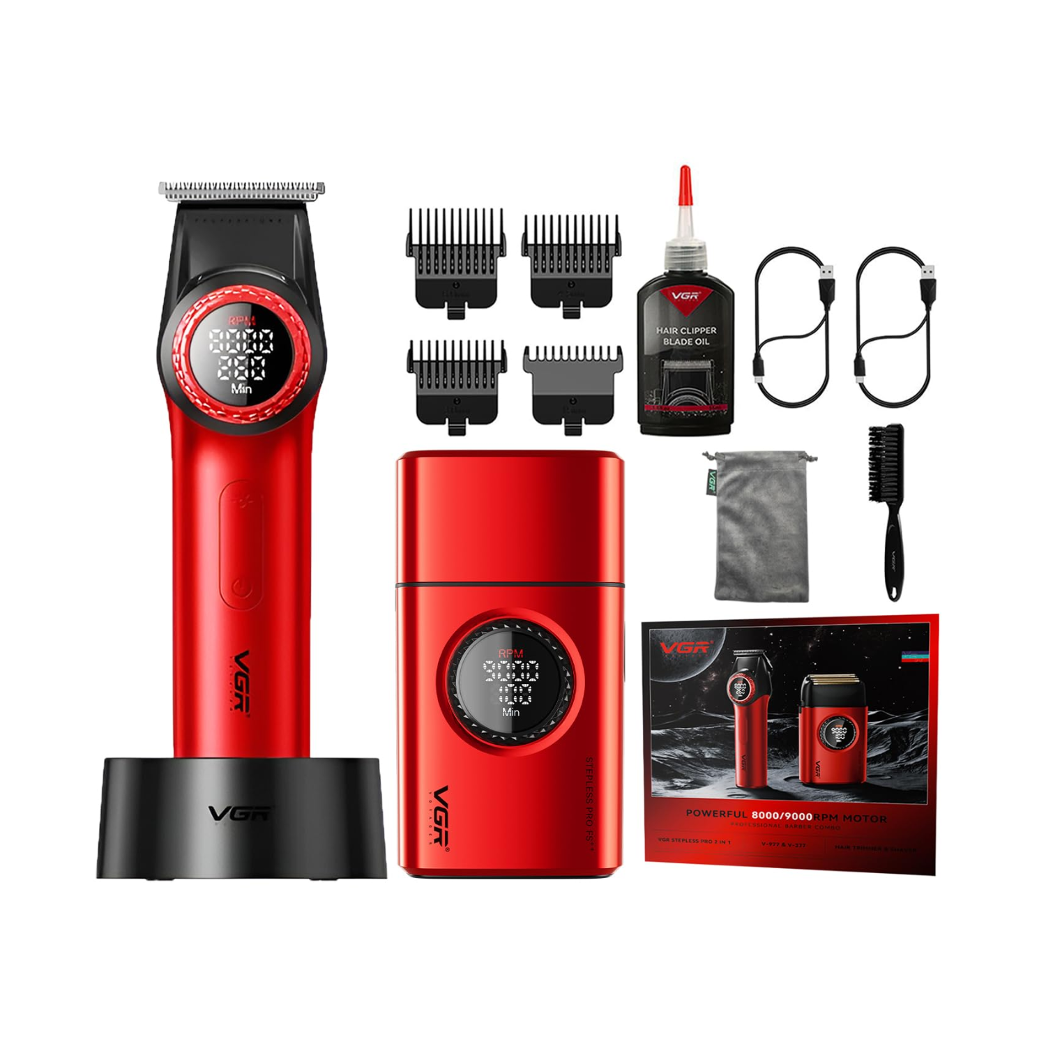 Combo VGR Profesional de Barbería Trimmer V-977 + Afeitadora V-377 Rojo