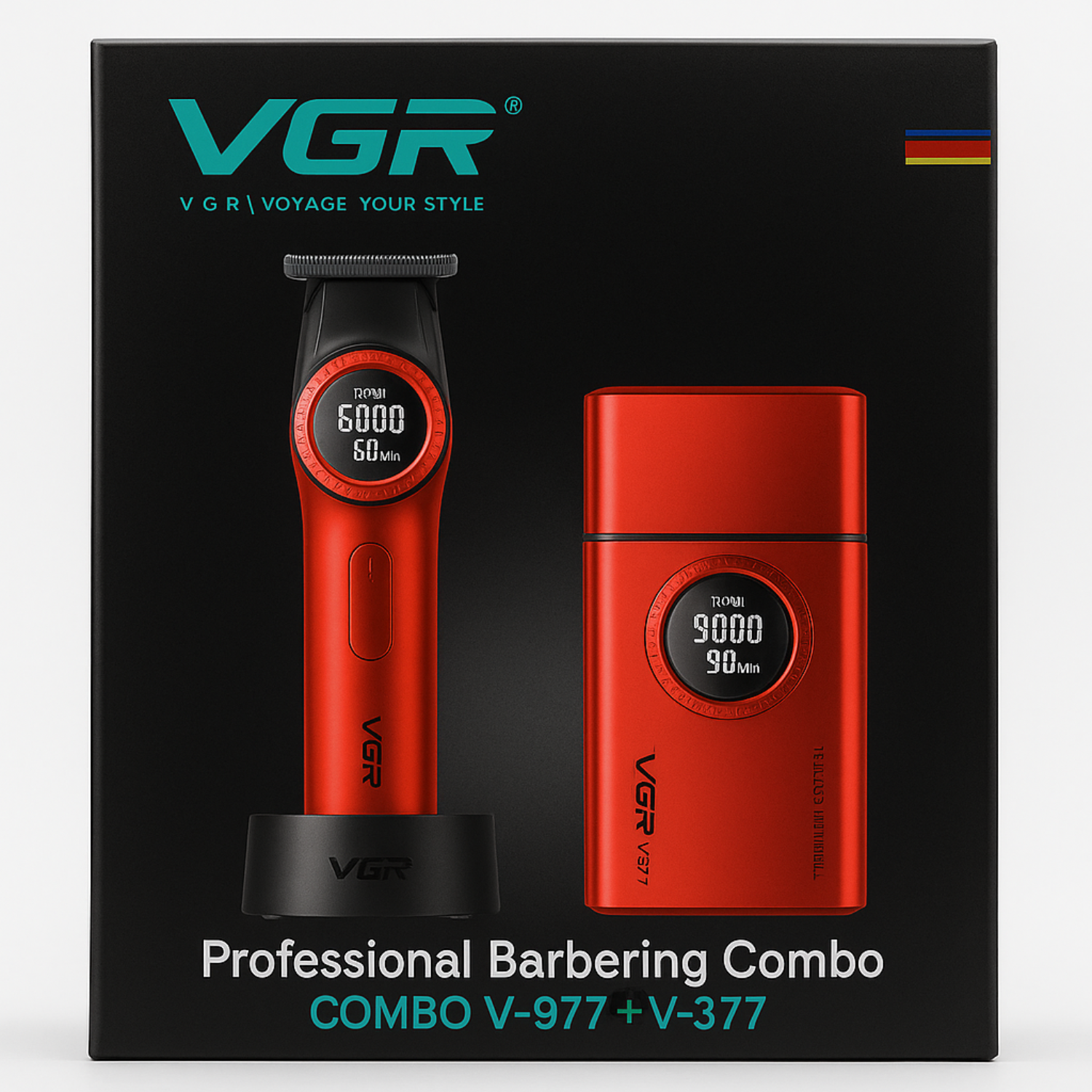 Combo VGR Profesional de Barbería Trimmer V-977 + Afeitadora V-377 Rojo