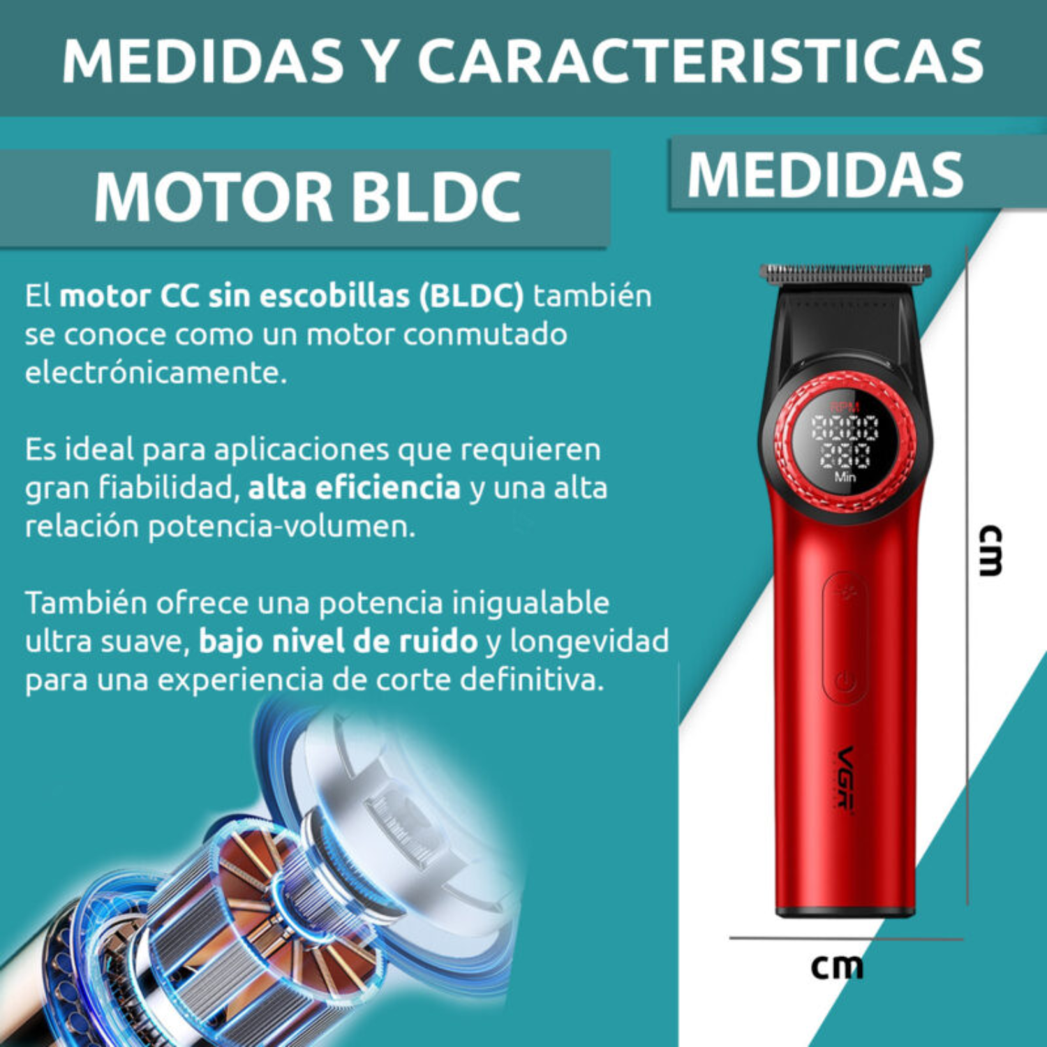 VGR Trimmer Profesional V977 Recargable 8000RPM Rojo