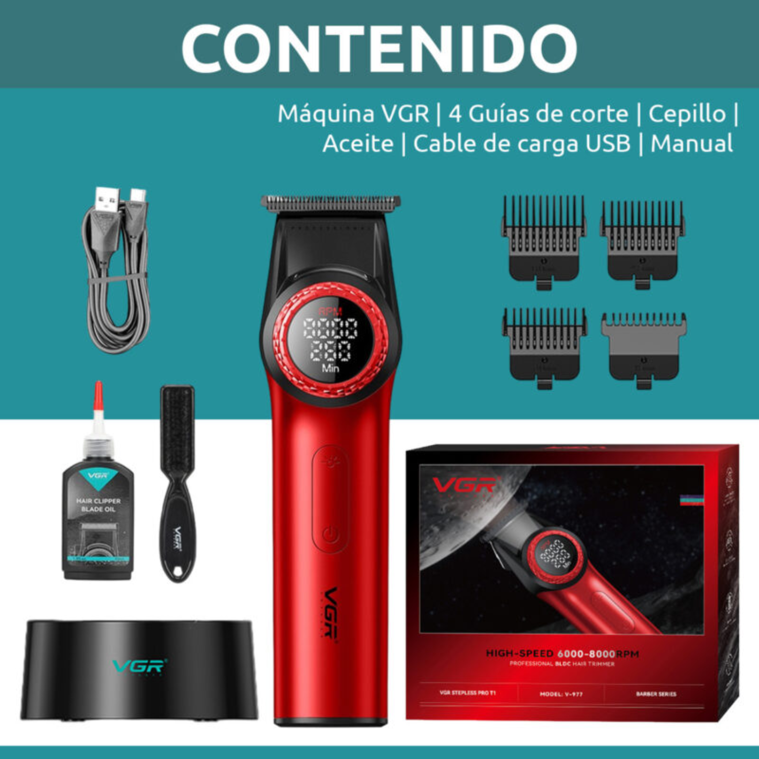 VGR Trimmer Profesional V977 Recargable 8000RPM Rojo