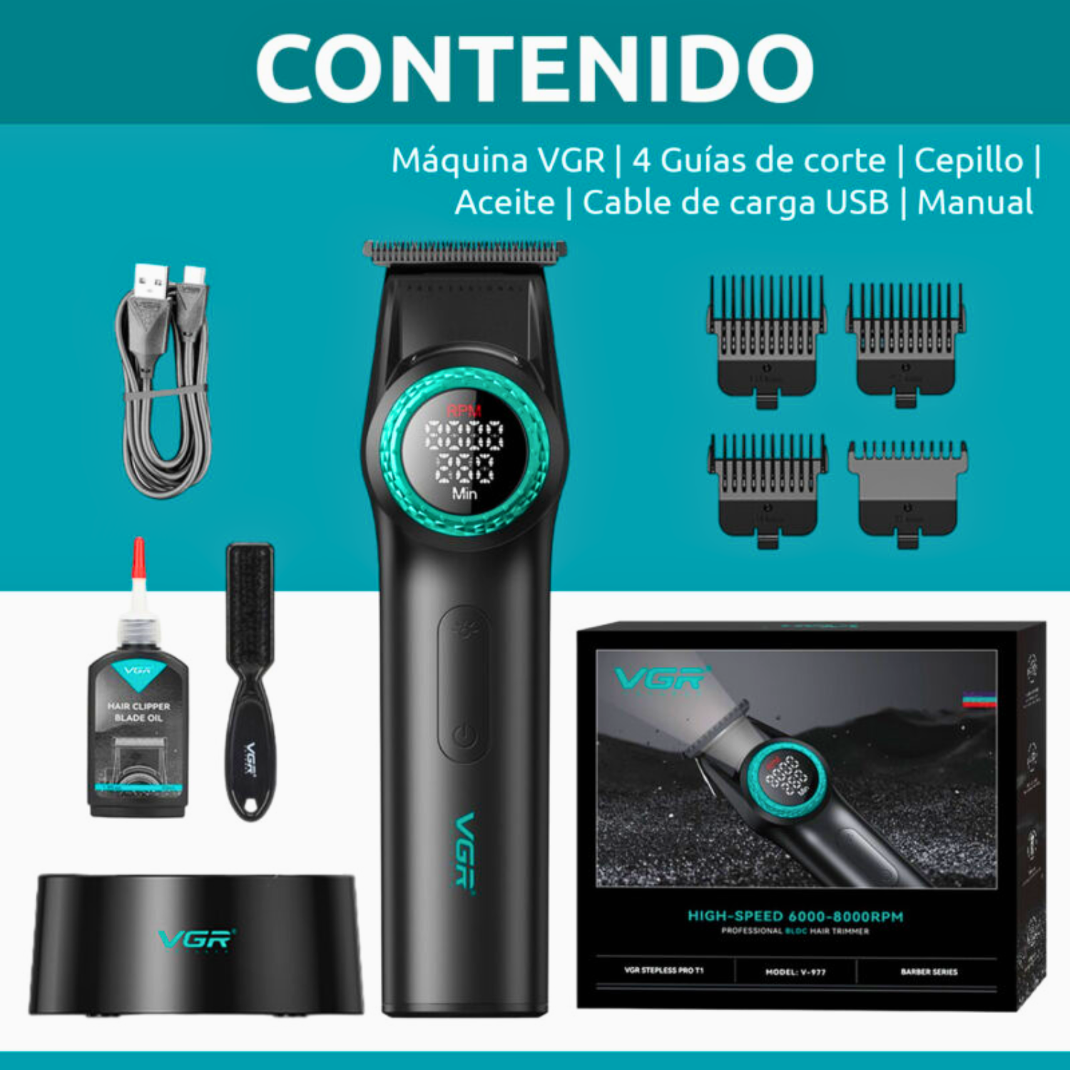 VGR Trimmer Profesional V977 Recargable 8000RPM Negro