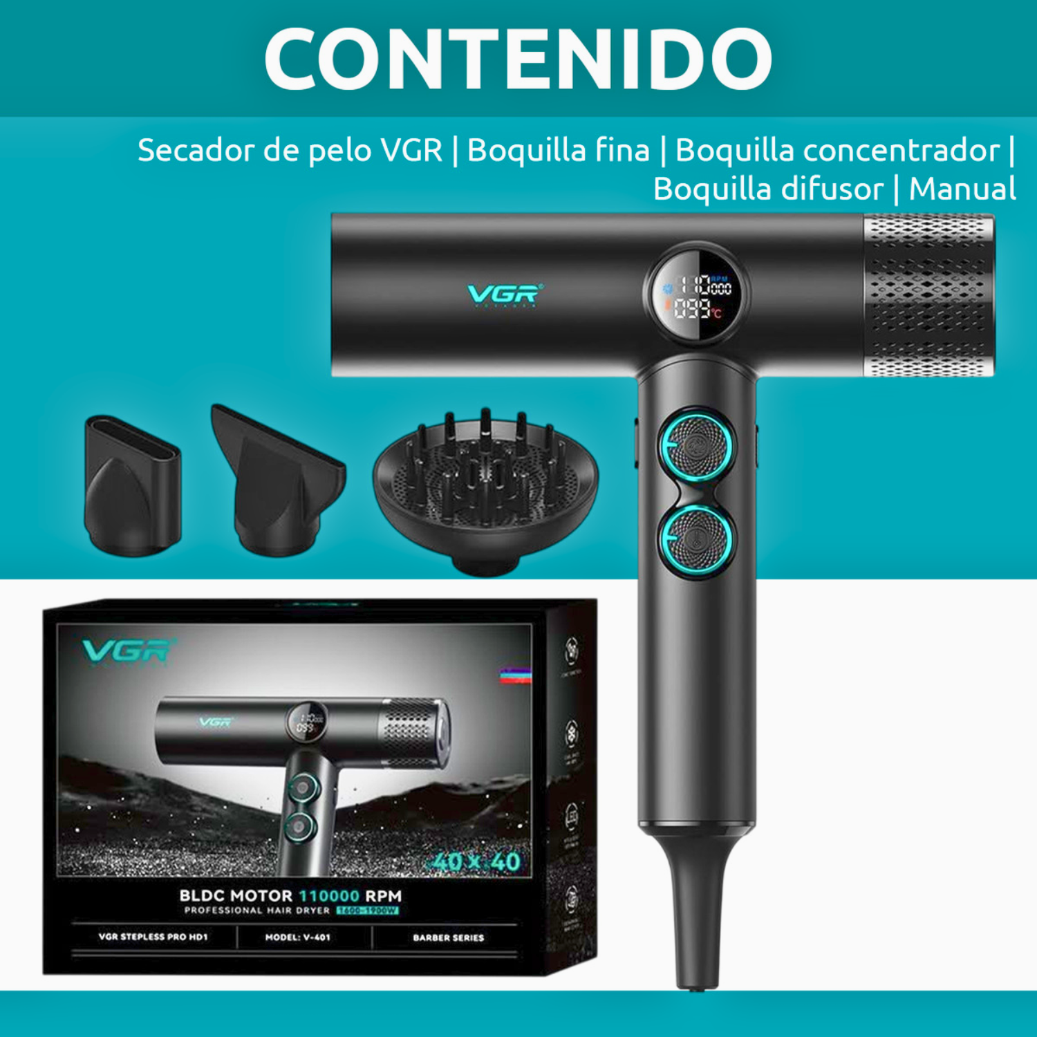 Secador De Pelo VGR Profesional V-401 110000rpm Frío Calor Negro