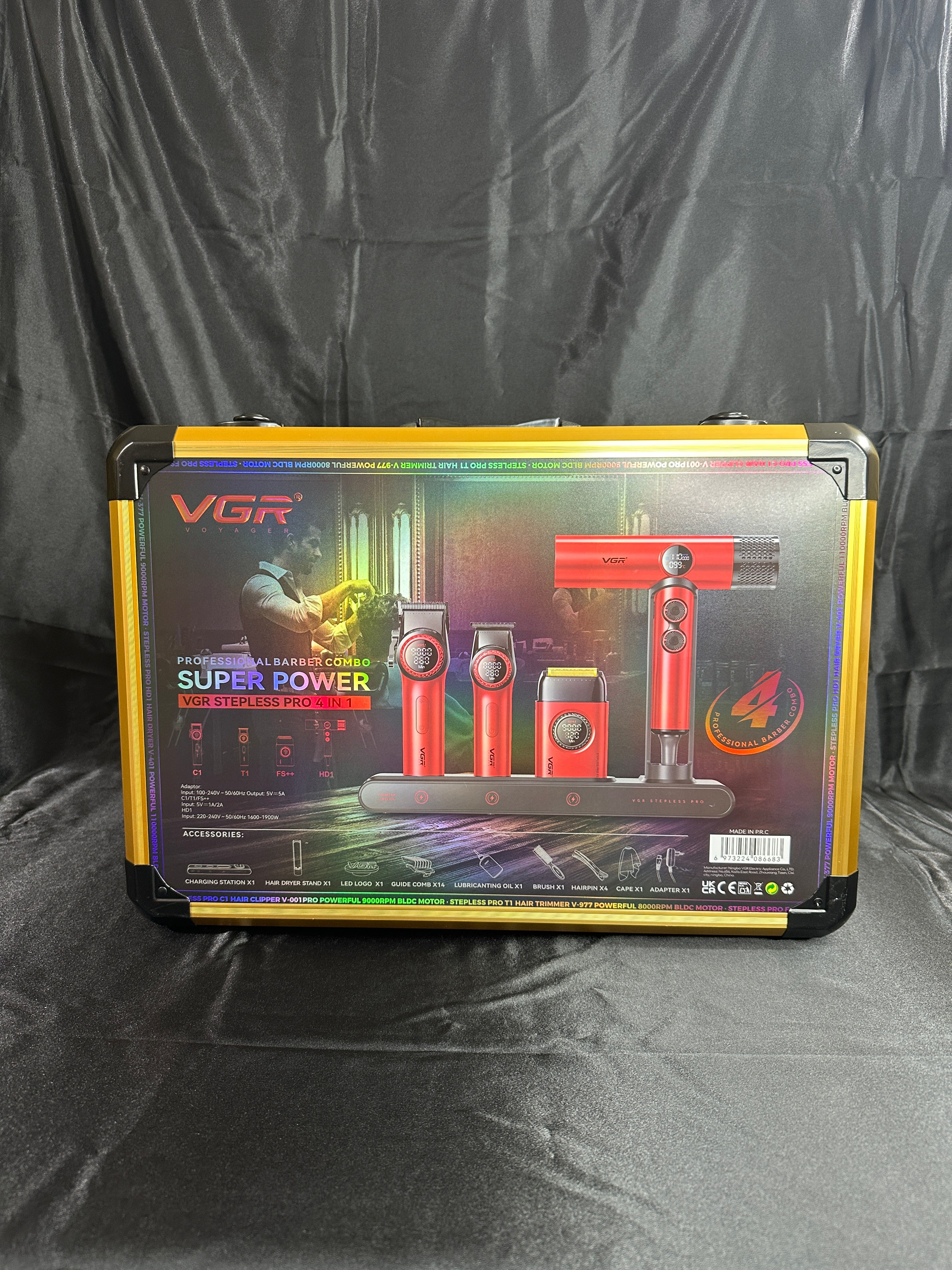 Combo Kit Vgr Professional Clipper Trimmer Shaver y Secador 4 en 1 Maleta Rojo