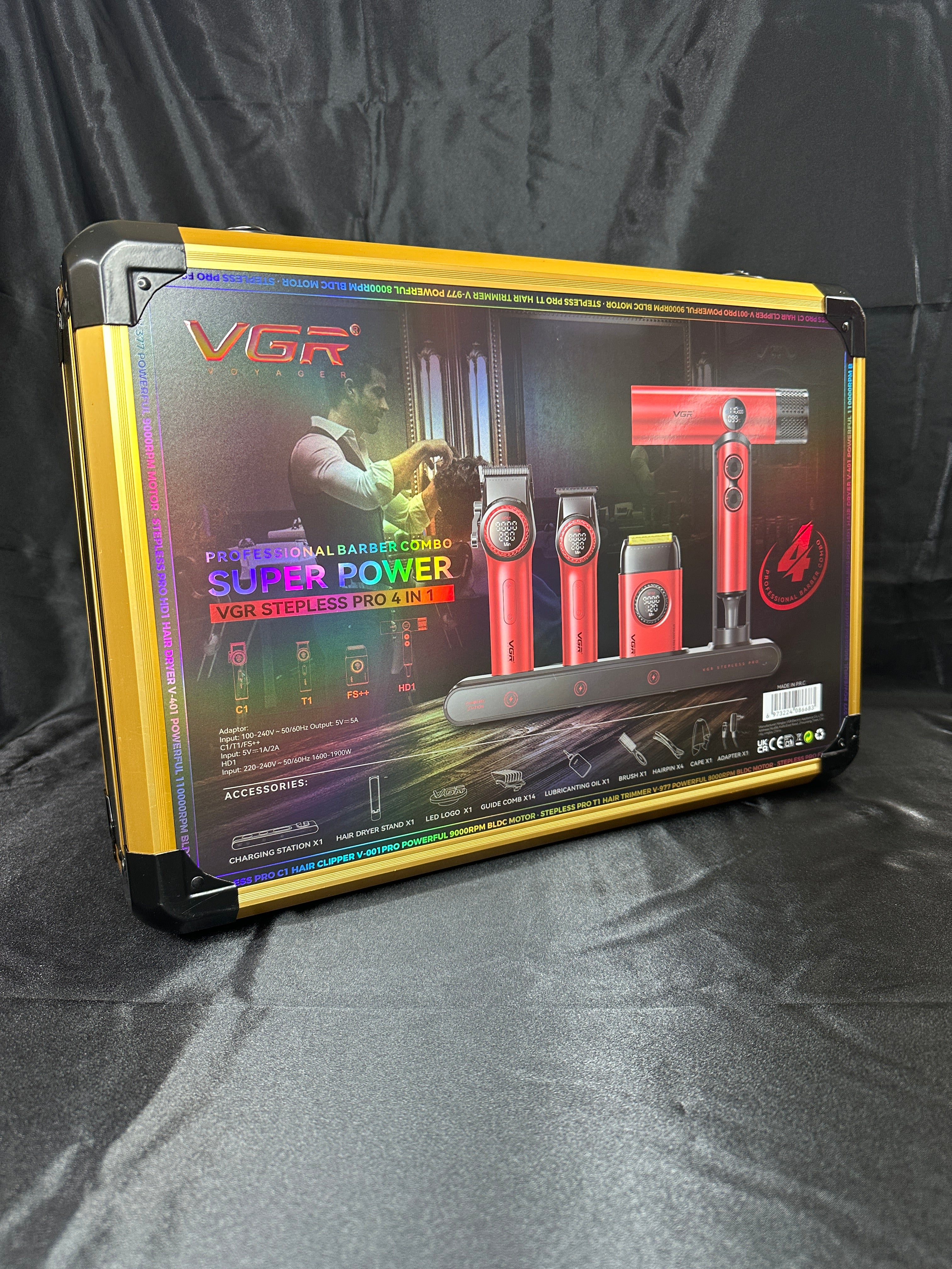 Combo Kit Vgr Professional Clipper Trimmer Shaver y Secador 4 en 1 Maleta Rojo
