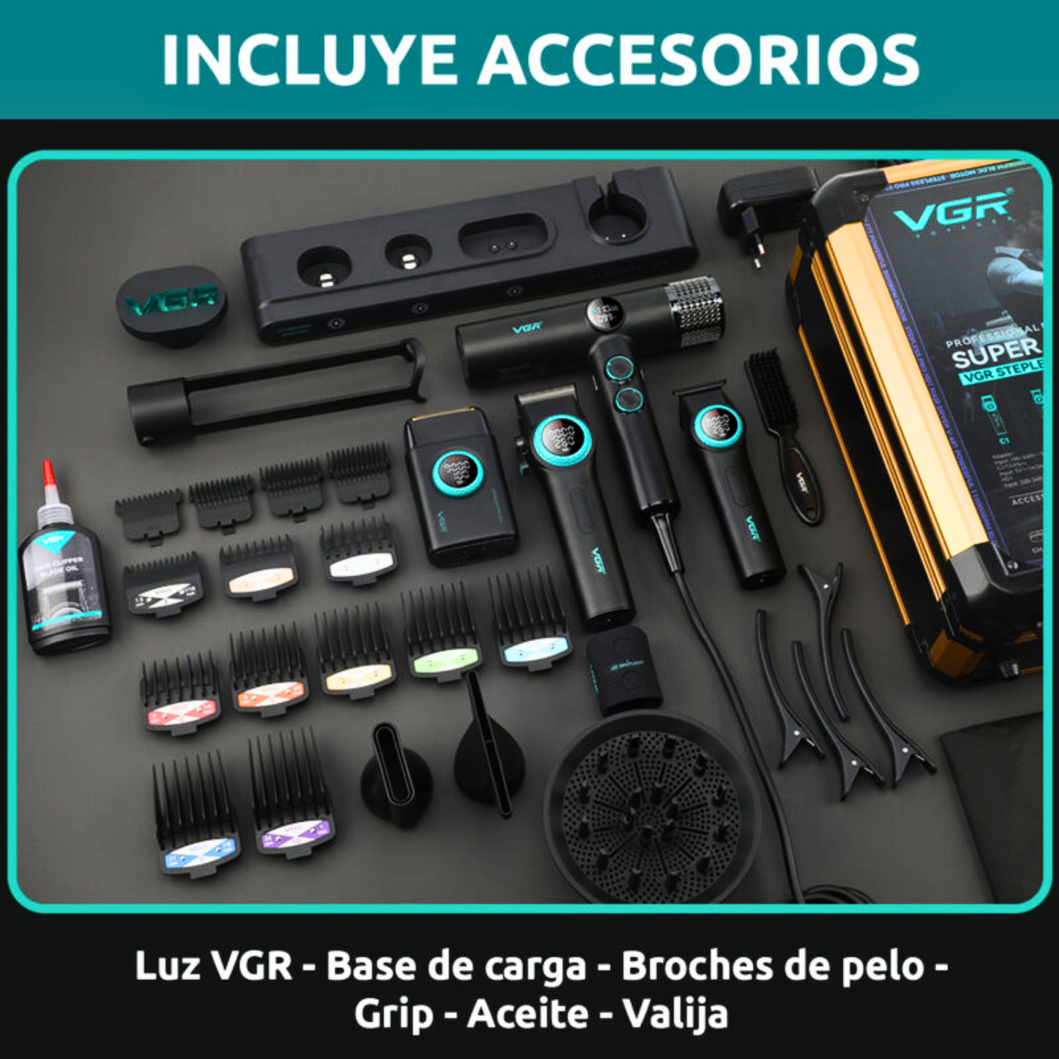 Combo Kit Vgr Professional Clipper Trimmer Shaver y Secador 4 en 1 Maleta