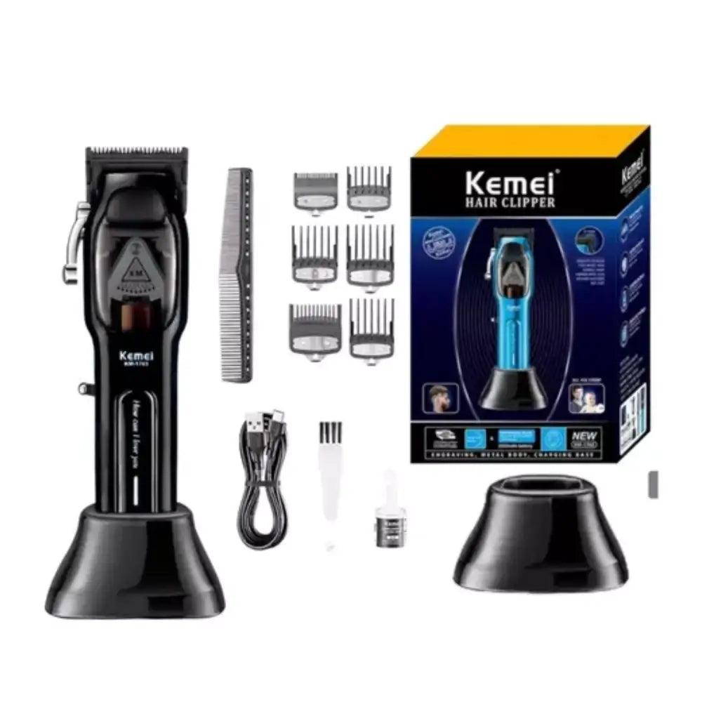 Cortadora De Pelo Profesional Kemei Km-1763 Negra con base de carga y peines adjuntos