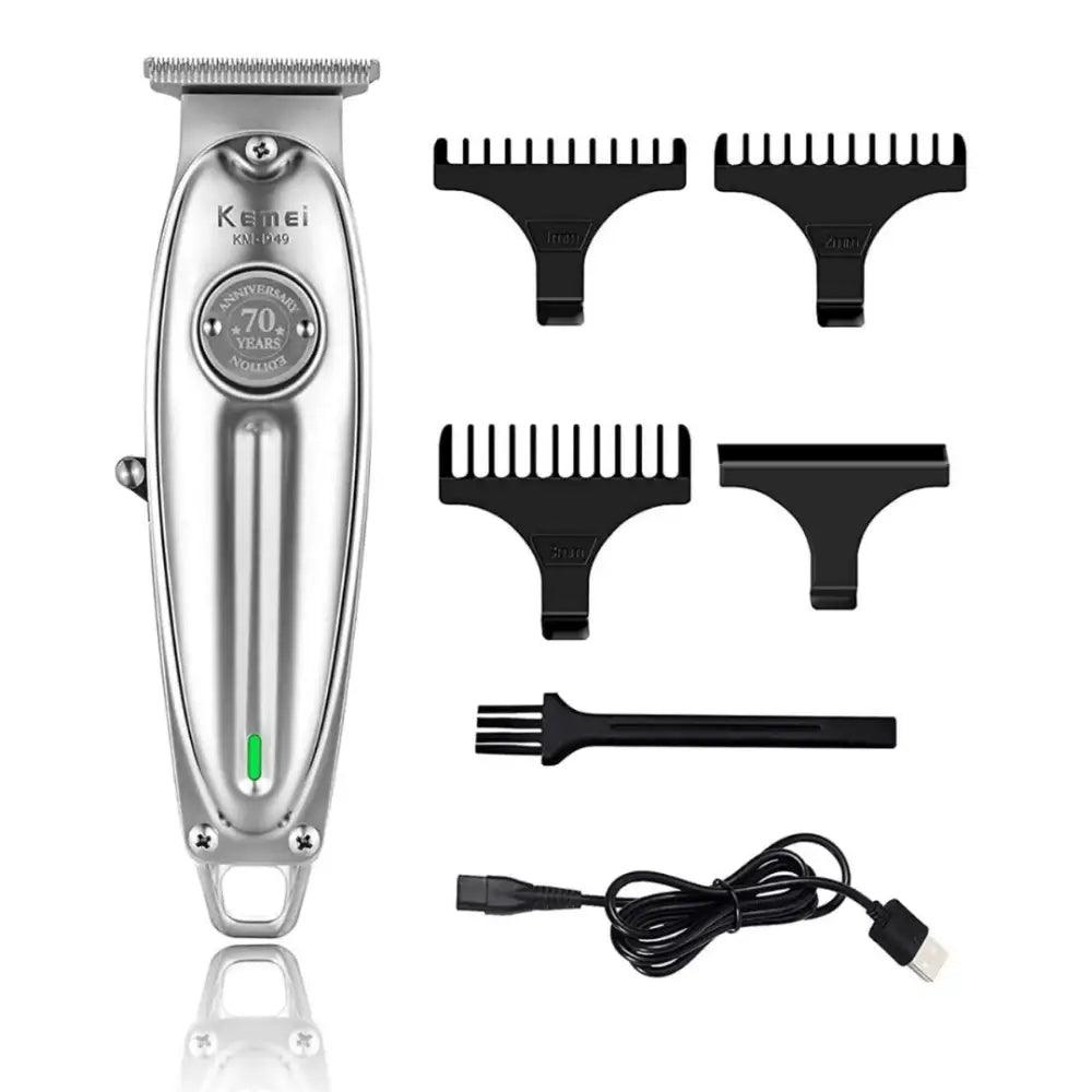 Cortadora Kemei KM-1949 Trimmer Recargable con peines y cable de carga en plata