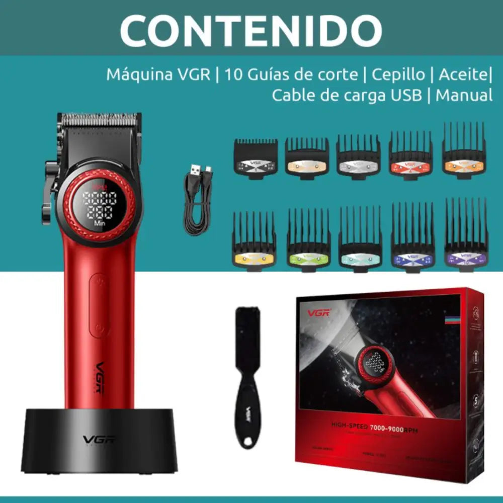 Cortapelo Vgr 001 rojo 9000rpm con base de carga y guías para cabello color rojo