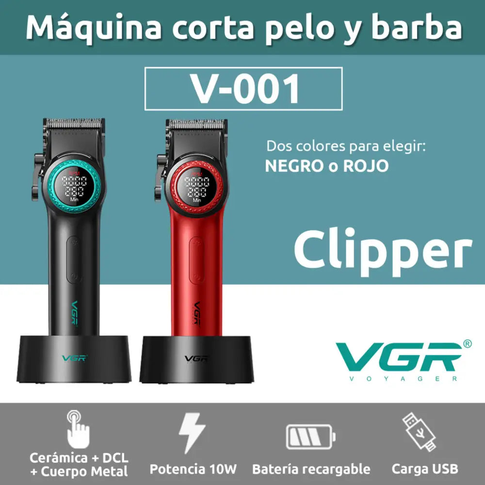 Cortapelo Vgr 001 para cabello color rojo, clipper con cuchillas cerámicas y carga USB