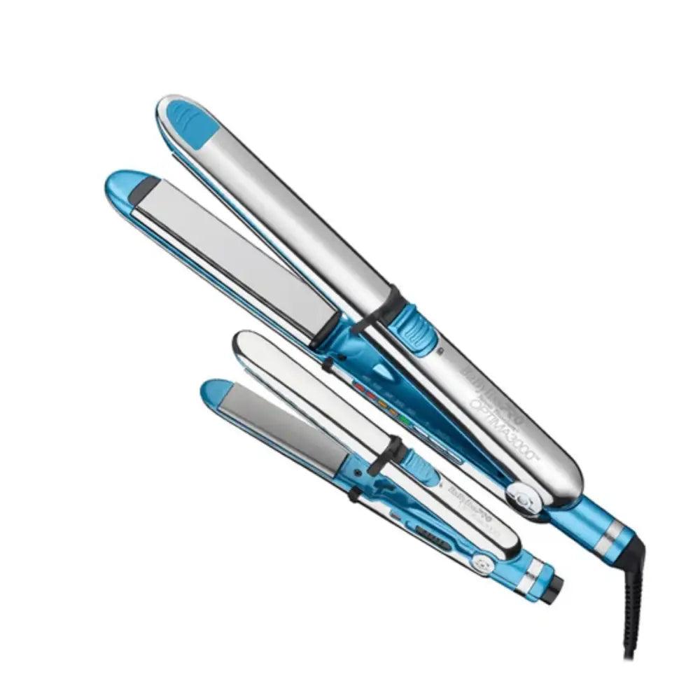 Plancha Optima 3000 y Plancha Optima Mini 2000 en plata y azul para peinados perfectos