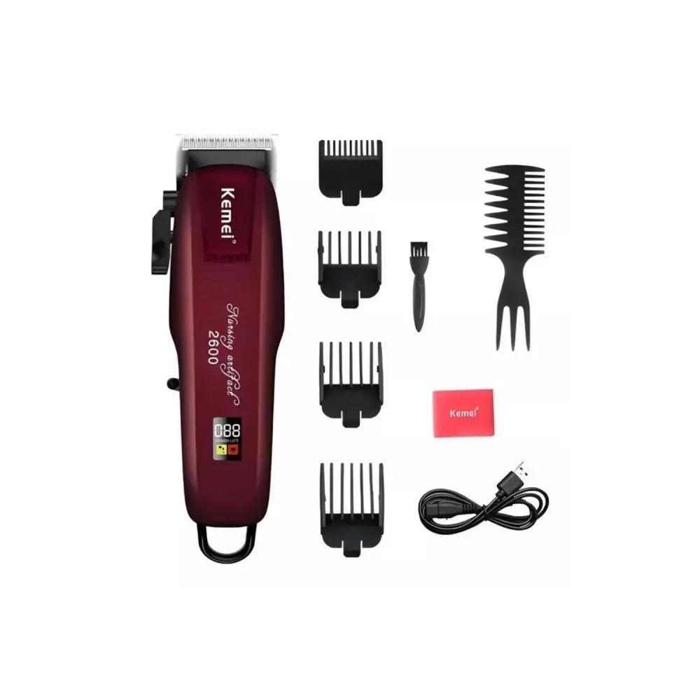 Máquina Cortadora Kemei Km-2600 de color burdeos con peines y accesorios incluidos
