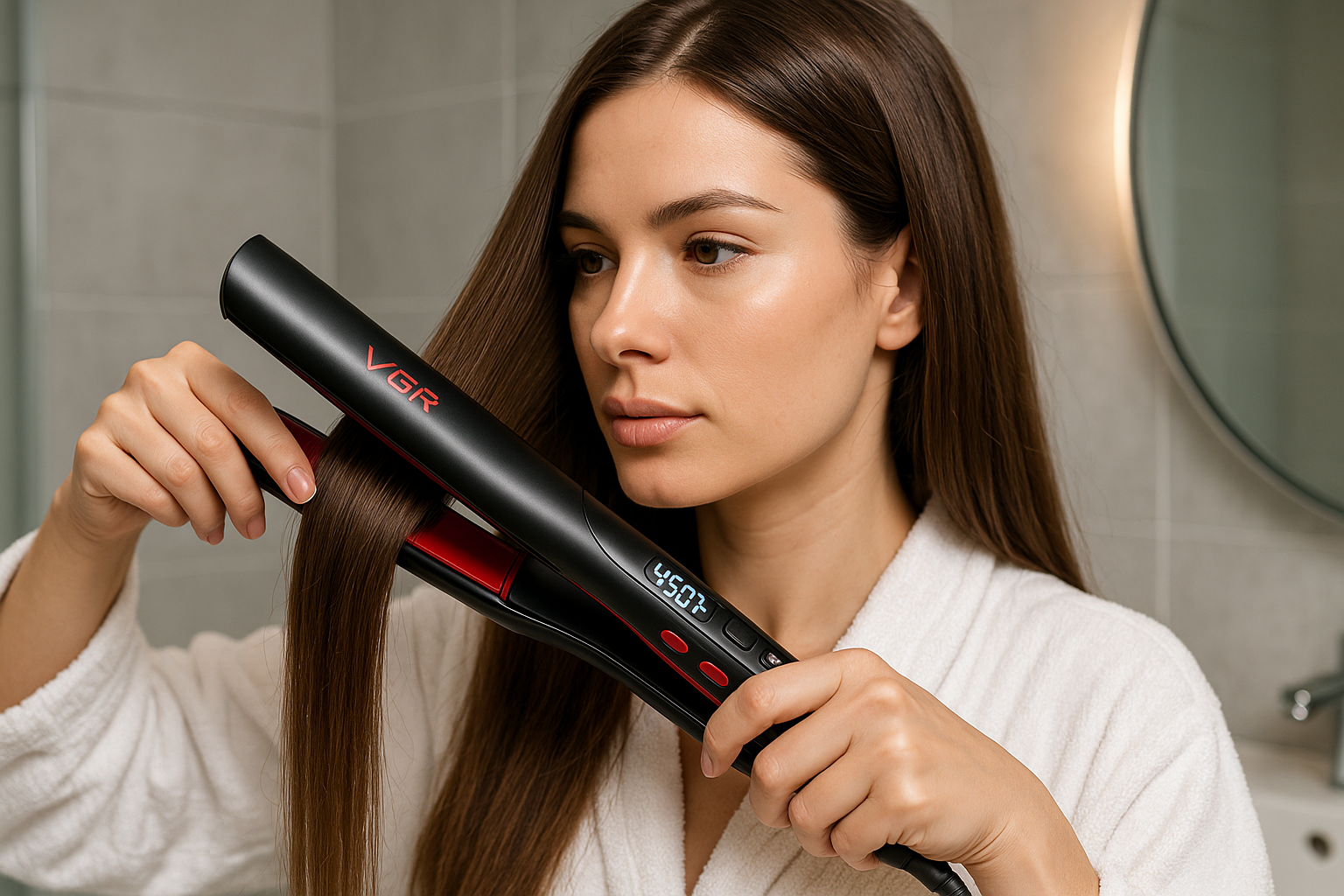 Mujer usando plancha VGR V-516 en calidad 8K