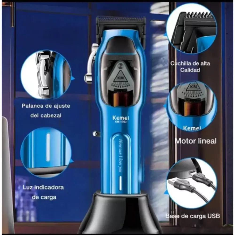 Rasuradora Kemei Motor Magnético de Alta Velocidad Color Azul con soporte y ajustes