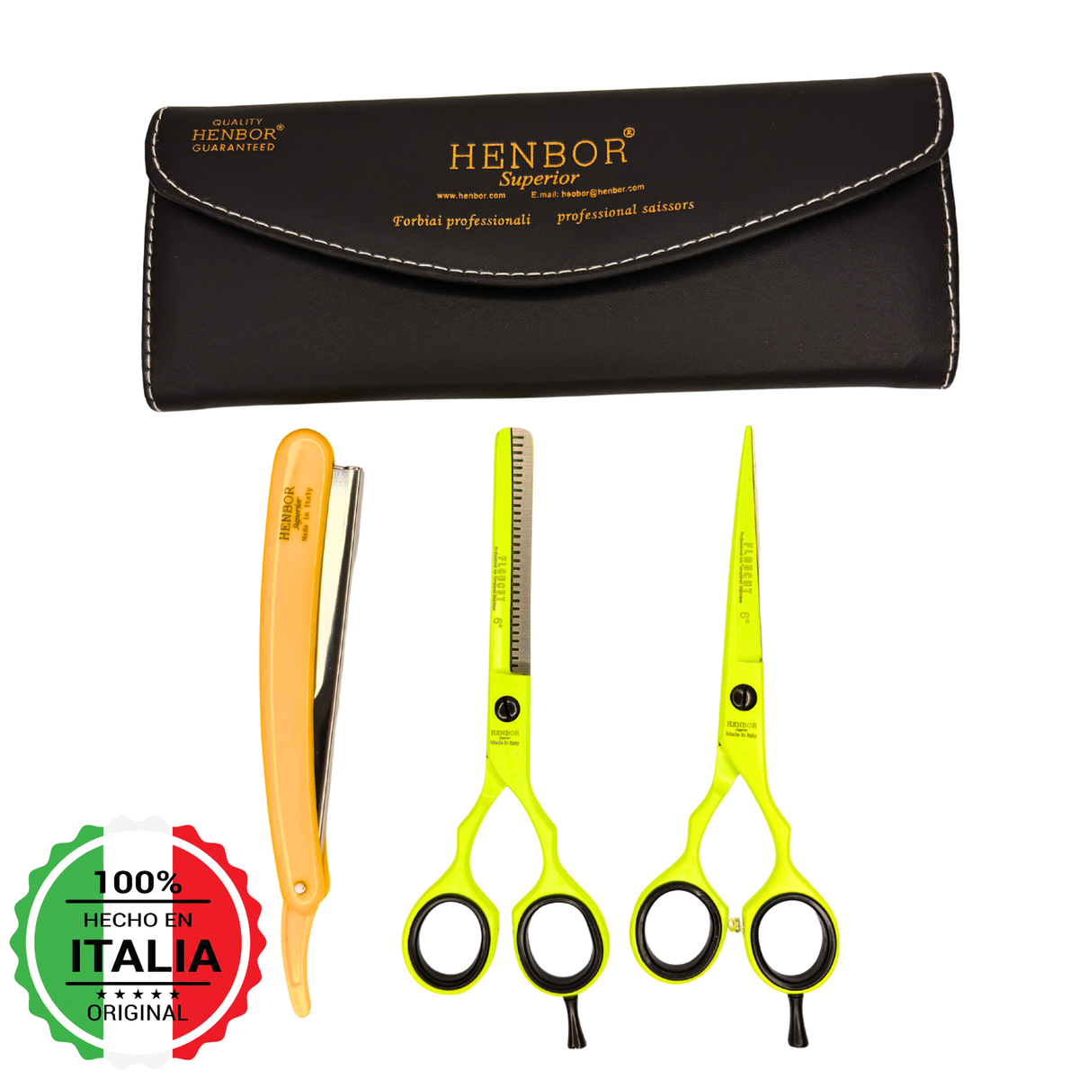 Set tijeras peluquería Henbor neón amarillo fluo 6 pulgadas microdentada y esculpidora