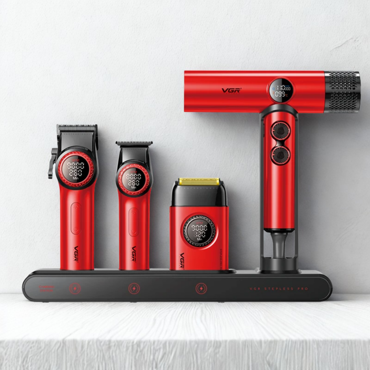 Combo Kit VGR Professional 4 en 1 con maleta rojo, clipper trimmer shaver y secador en Chile