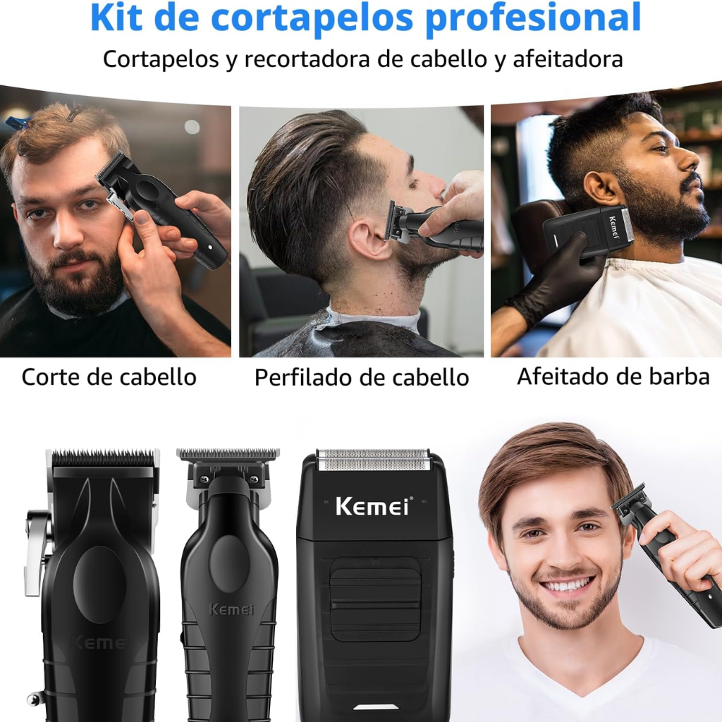 Kit Combo Cortadora de Pelo Profesional Kemei S9 KM-2296 + KM-2299 + KM-1102