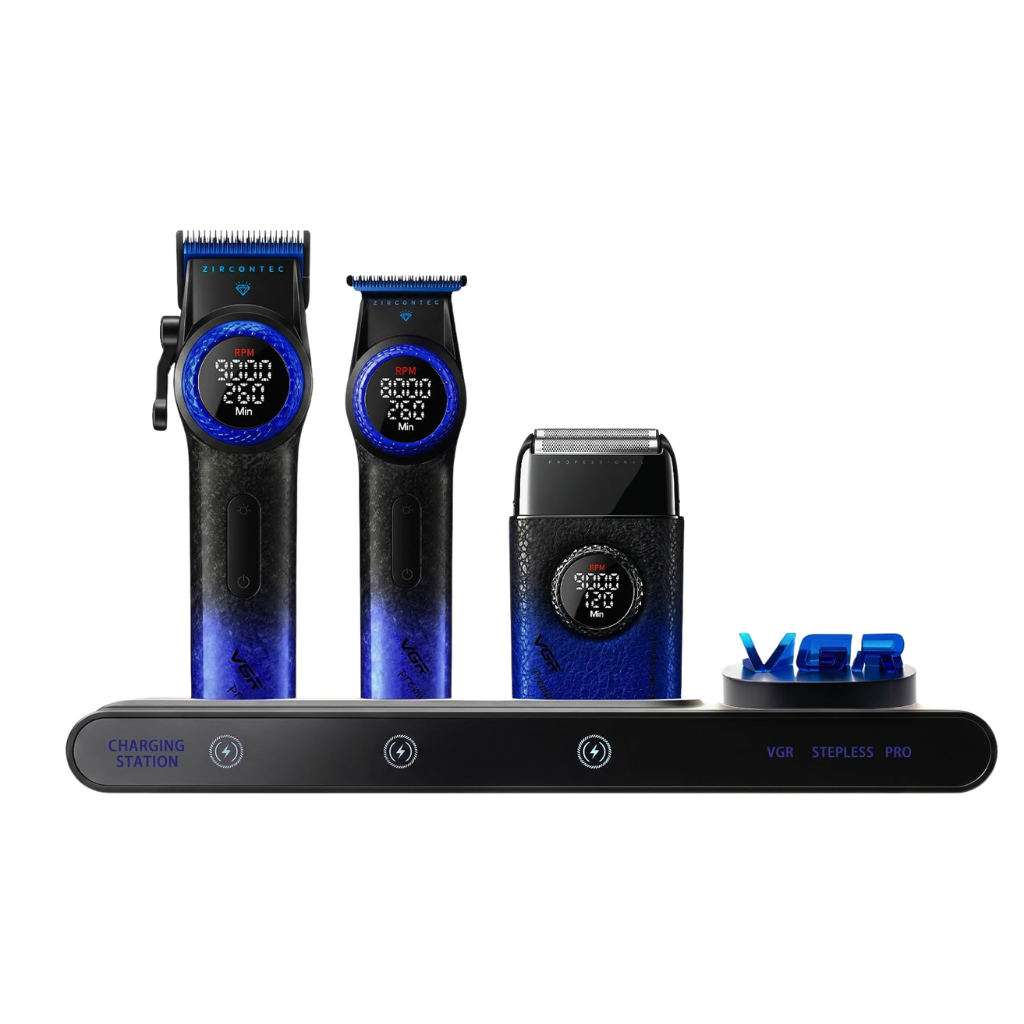 Barber Combo VGR Cortapelo, Patillera Y Afeitadora Stepless 3 Azul