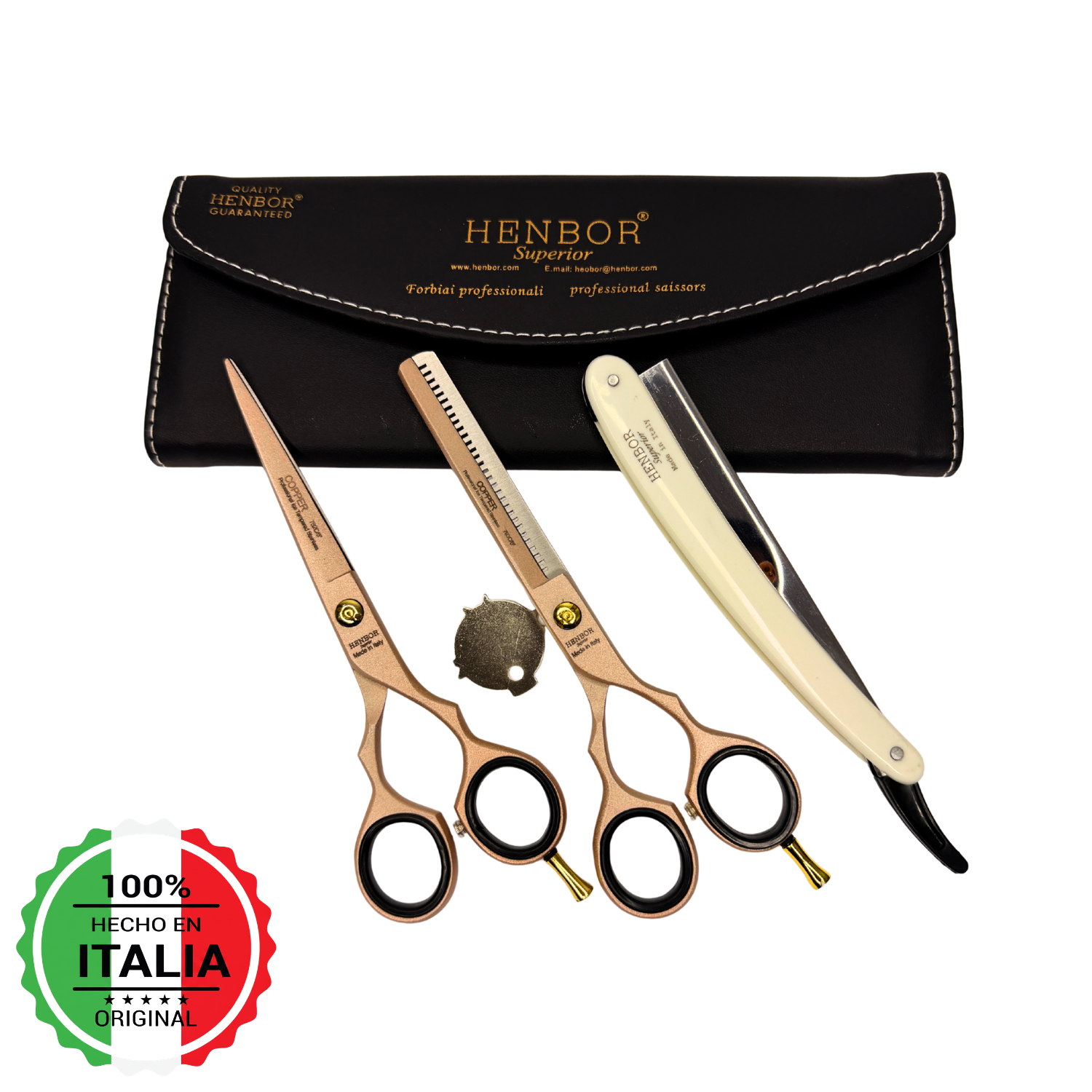 Kit Tijera Profesional Henbor Microdentada 6" + Esculpidora + Navaja Clásica y Estuche