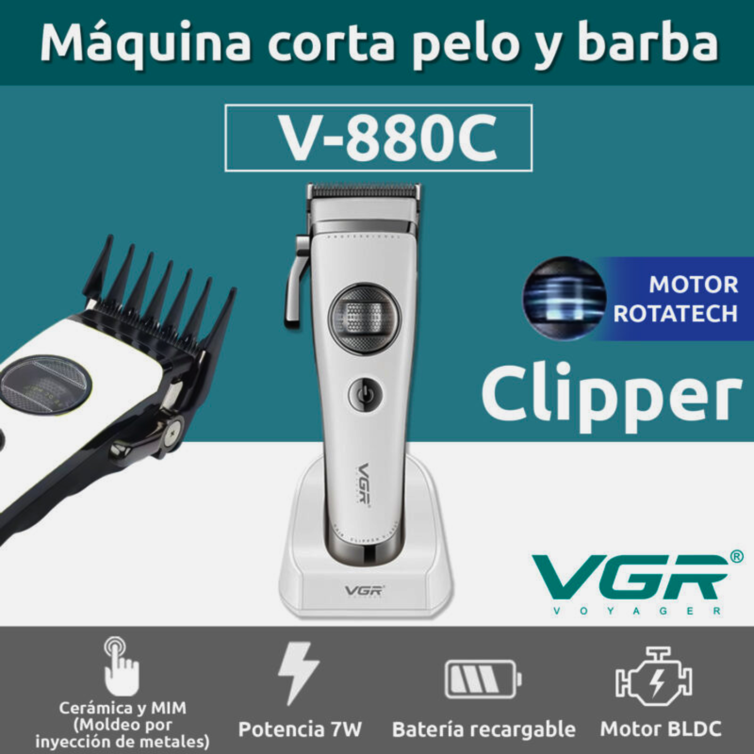 VGR V-880C Maquina Cortapelo Profesional 7200RPM Blanco