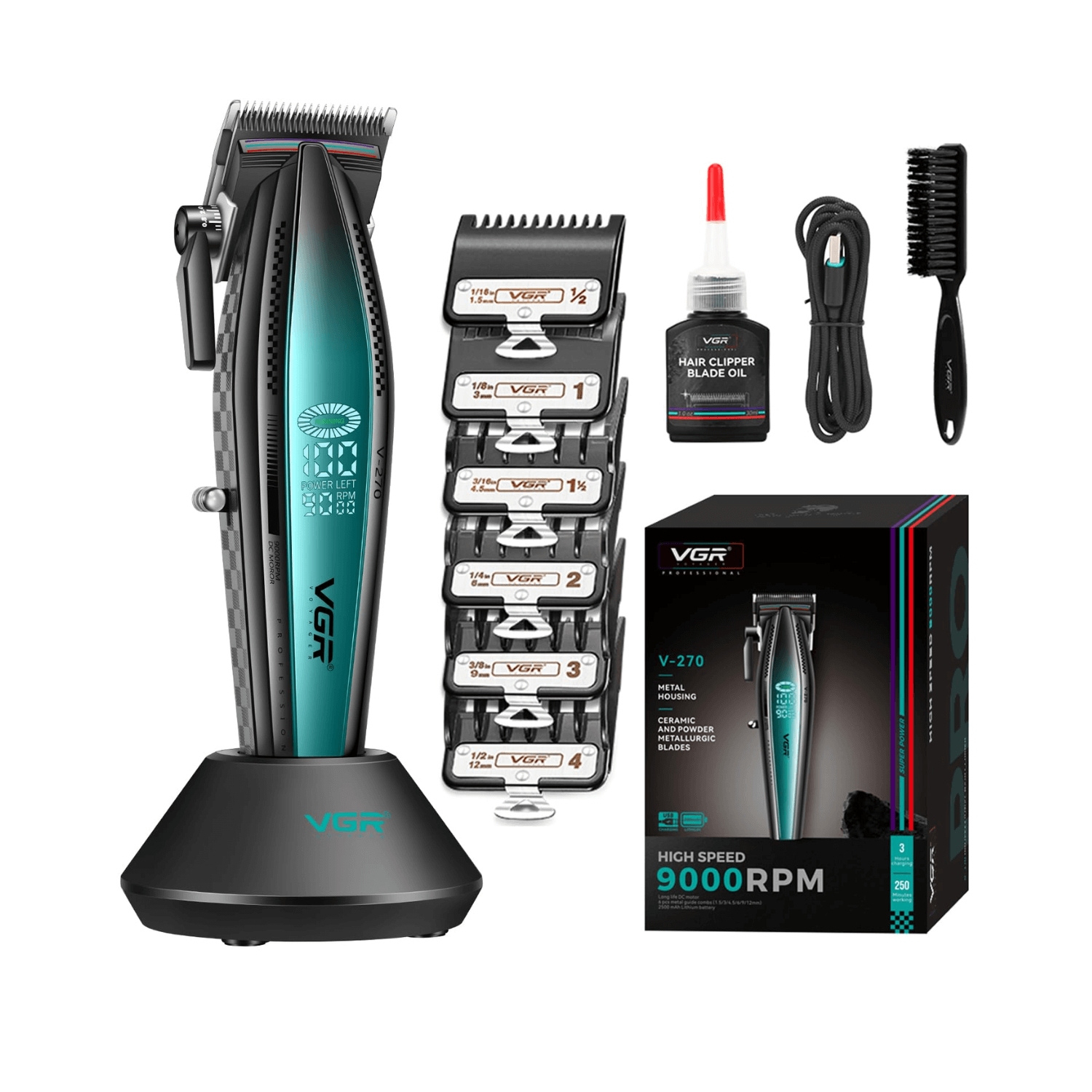 Máquina cortapelo VGR V-270, accesorios y base, 9000 rpm, corte preciso en casa.