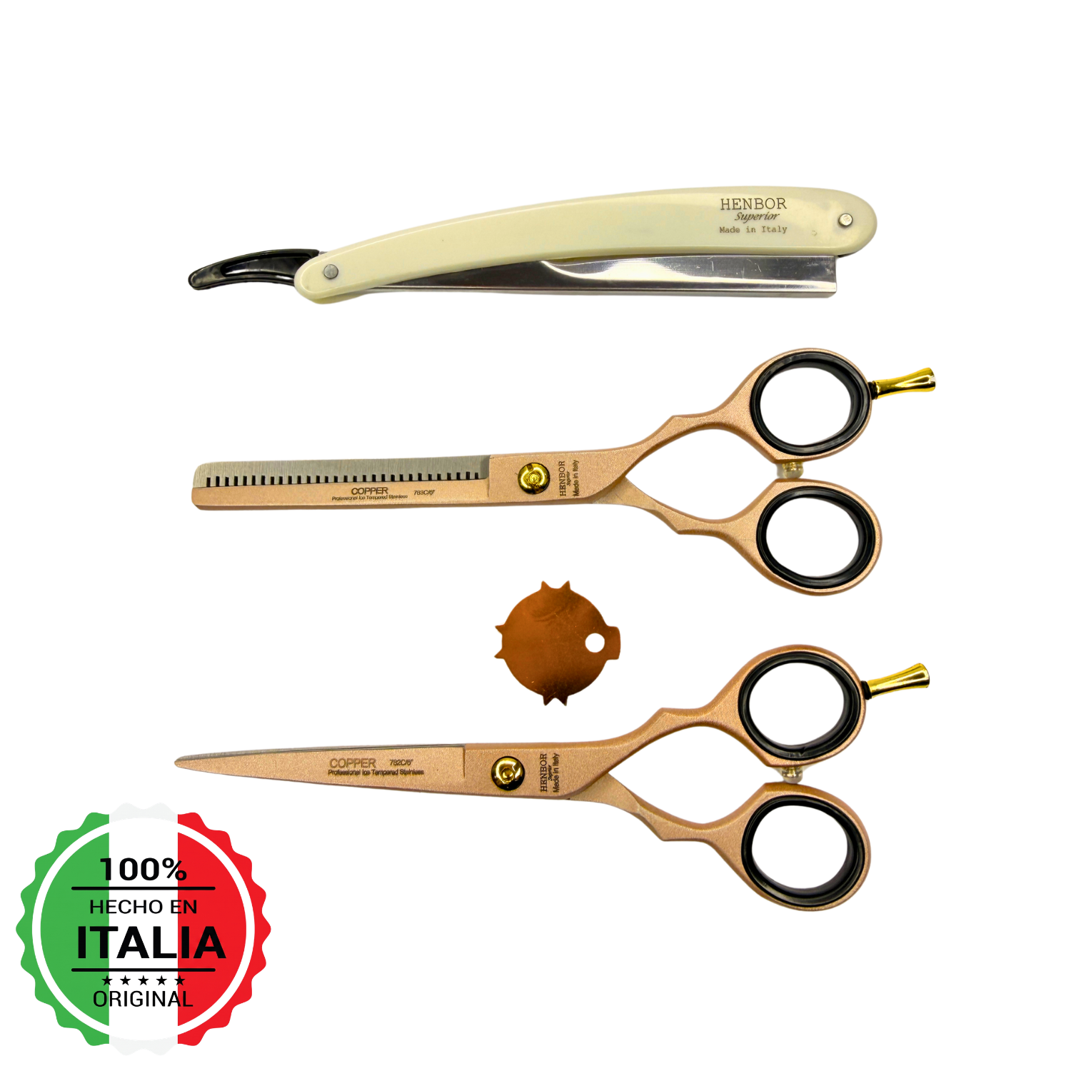 Kit Tijera Profesional Henbor Microdentada 6" + Esculpidora + Navaja Clásica y Estuche