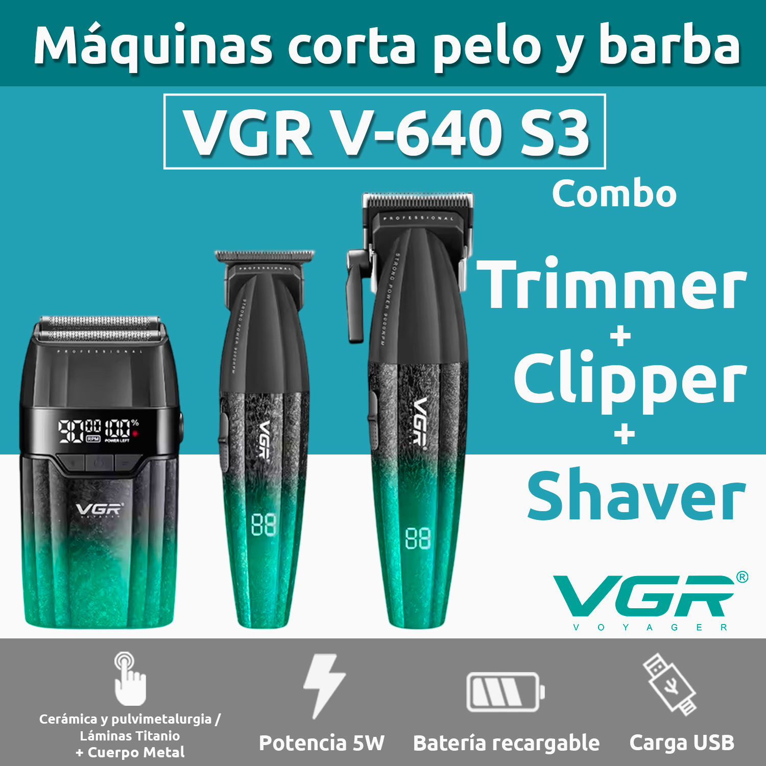 Barber Combo VGR V-640S3 Cortadora, Patillera y Afeitadora 3 en 1 Azul