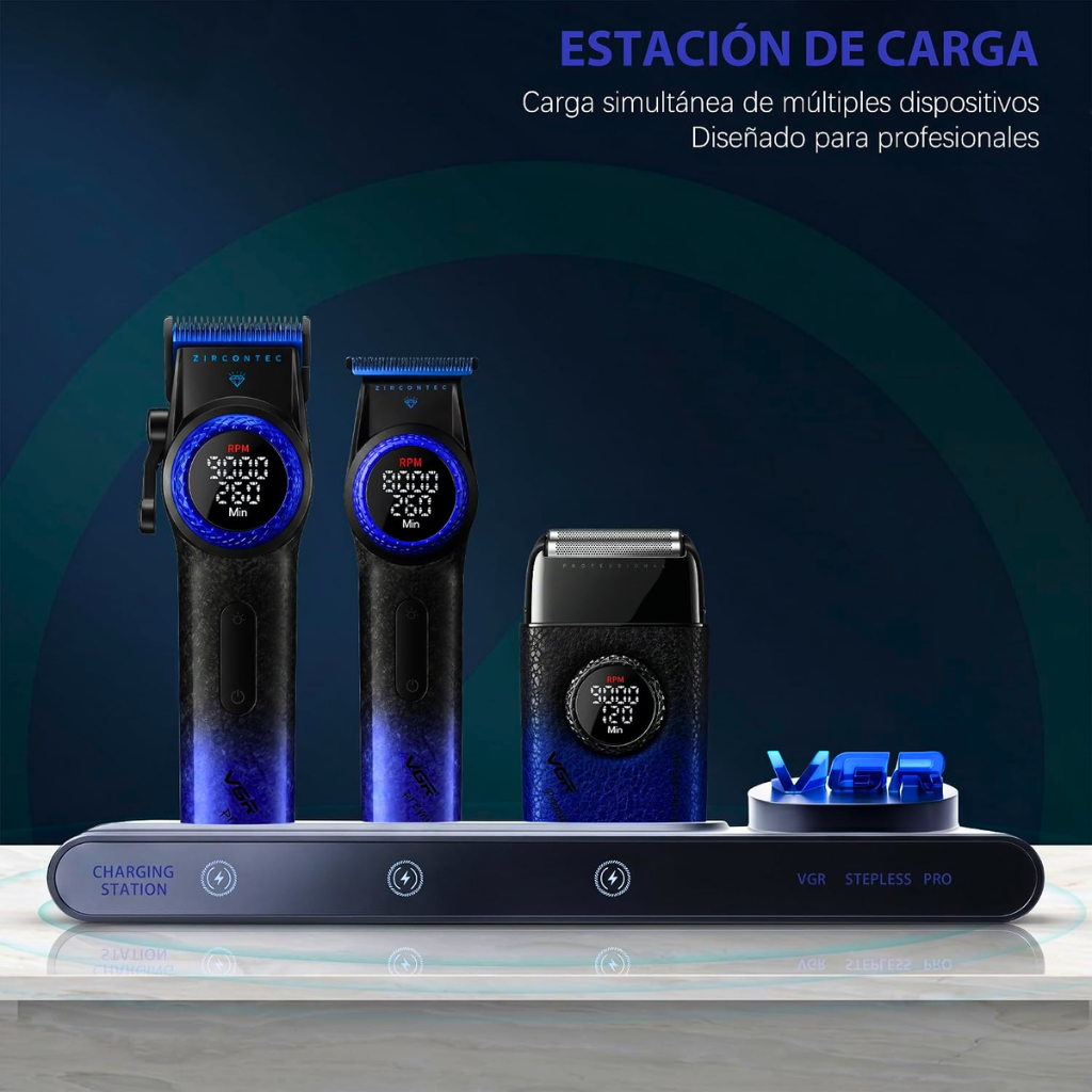 Barber Combo VGR Cortapelo, Patillera Y Afeitadora Stepless 3 Azul