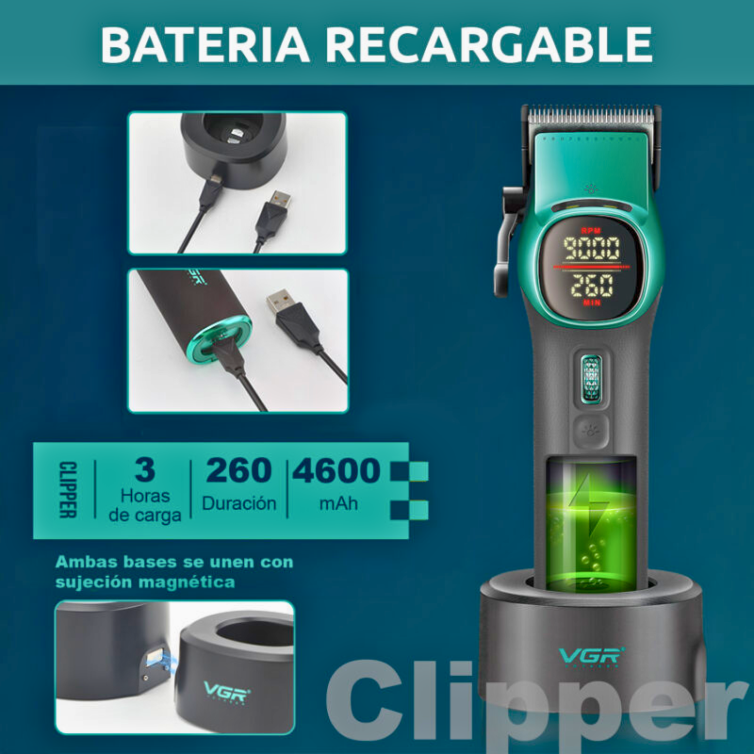 Máquina Cortar Pelo Barberia Clipper Vgr V-885c Profesional Color Verde