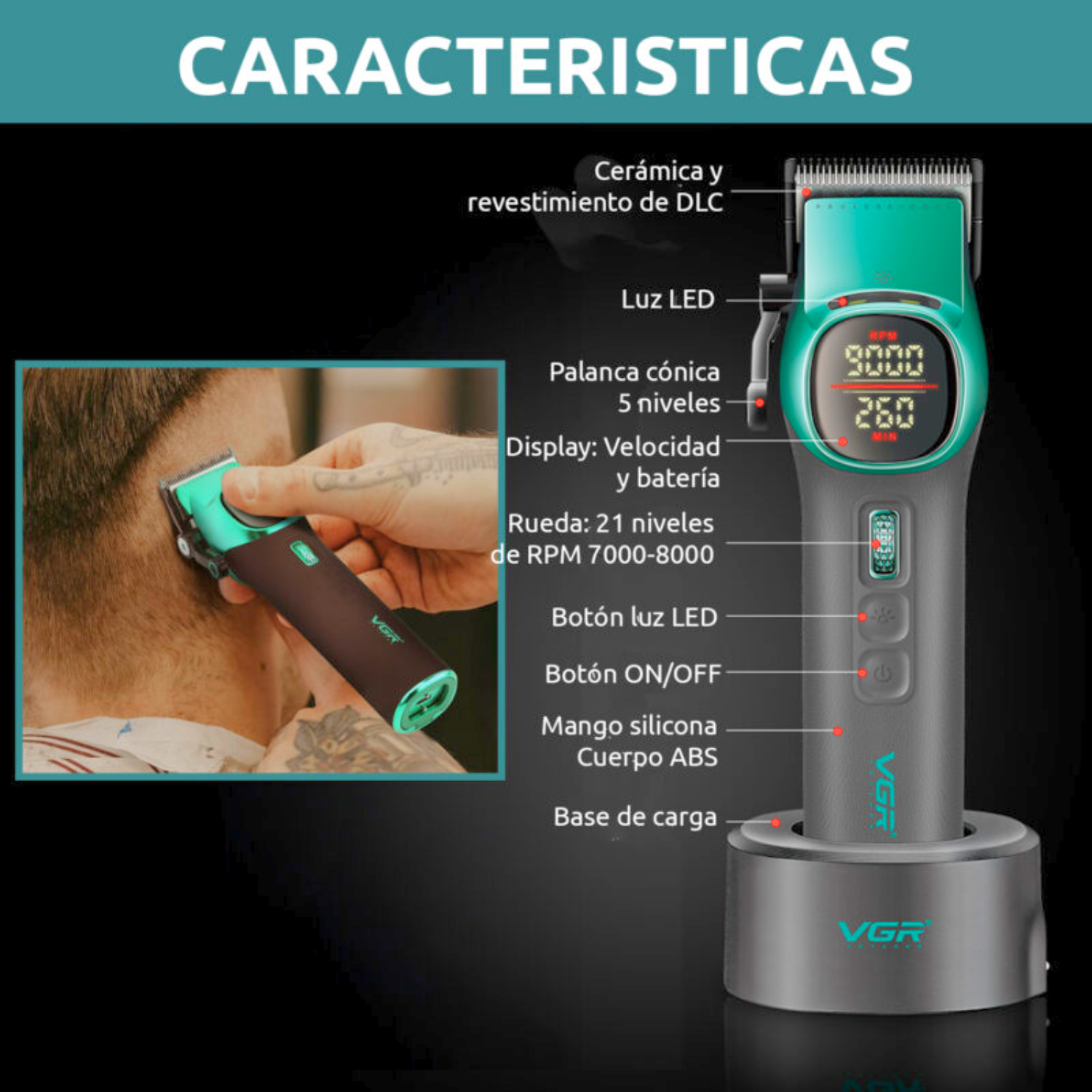 Máquina Cortar Pelo Barberia Clipper Vgr V-885c Profesional Color Verde