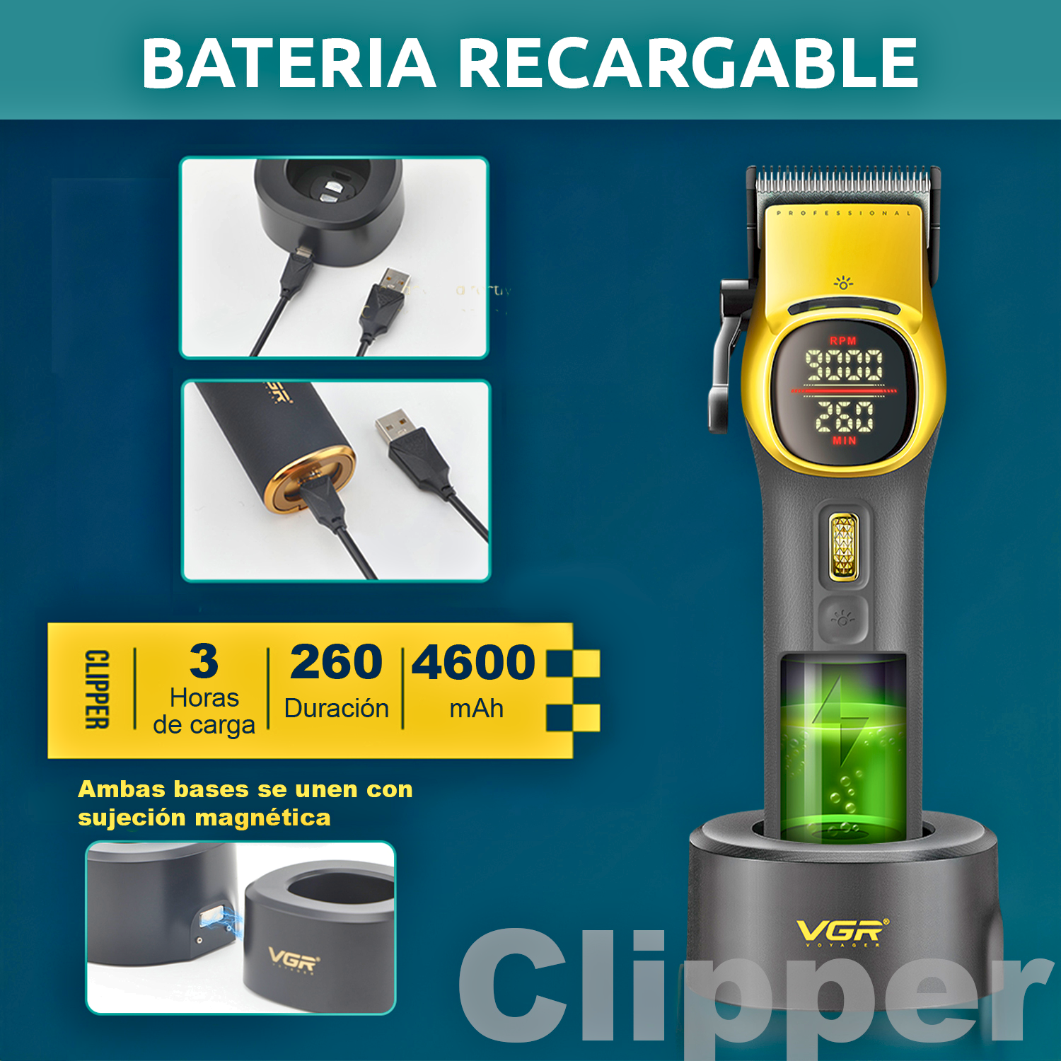 Máquina Cortar Pelo Barberia Clipper Vgr V-885c Profesional Color Amarillo