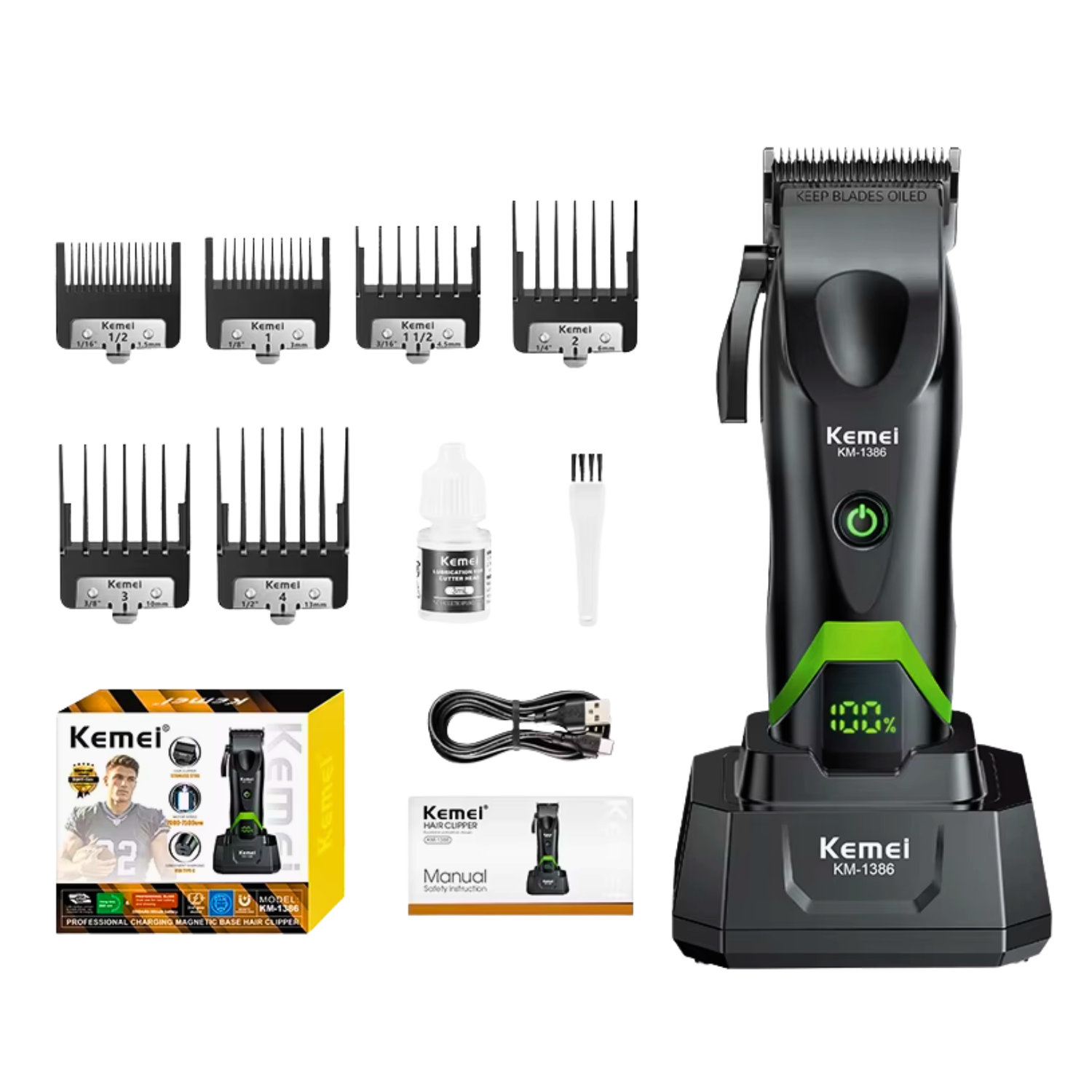 Combo Barbería Kemei KM-1386 Cortadora De Pelo + KM-1385 Trimmer Negro