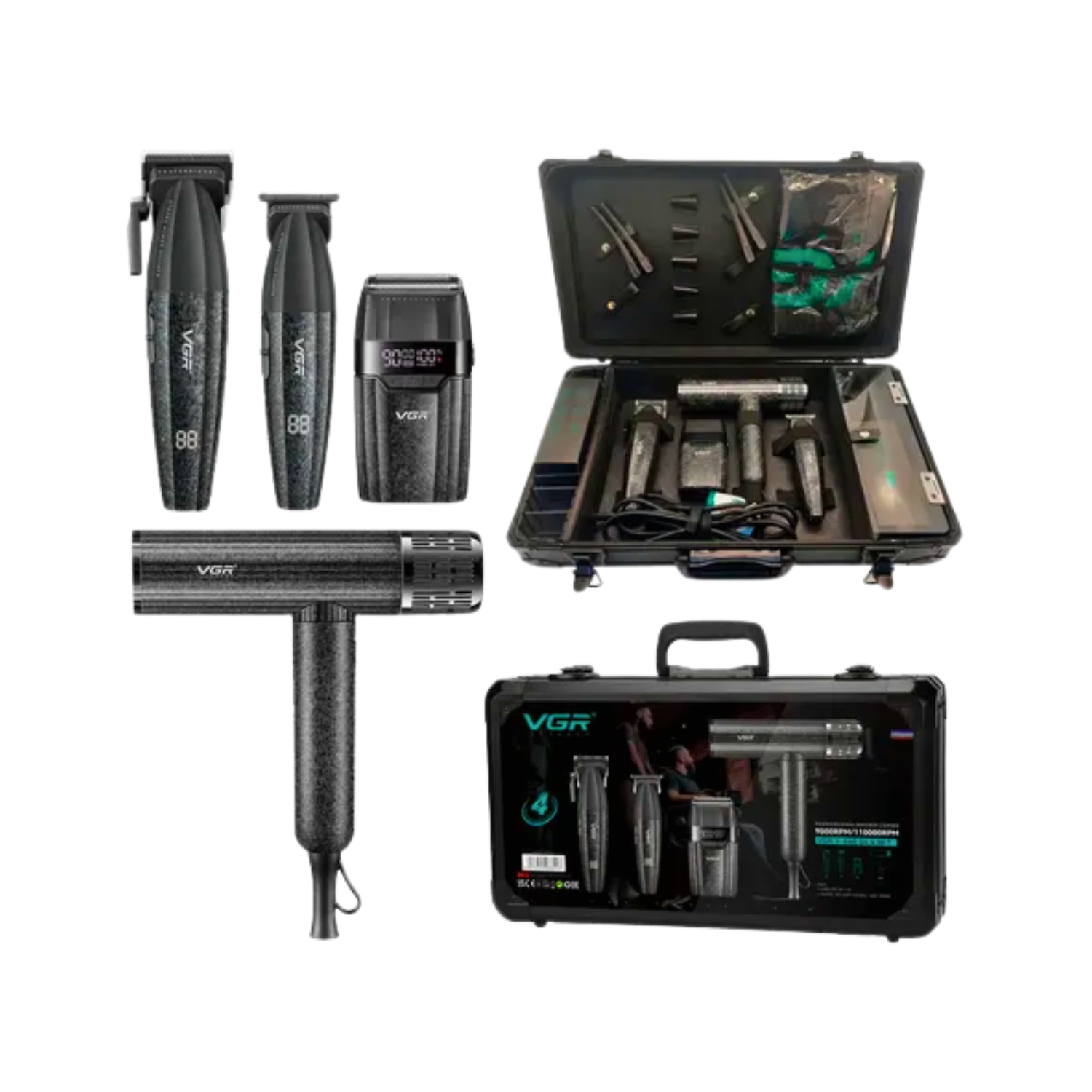 Kit de Barbería Profesional VGR V-640 S4 4 en 1 | Negro Mate