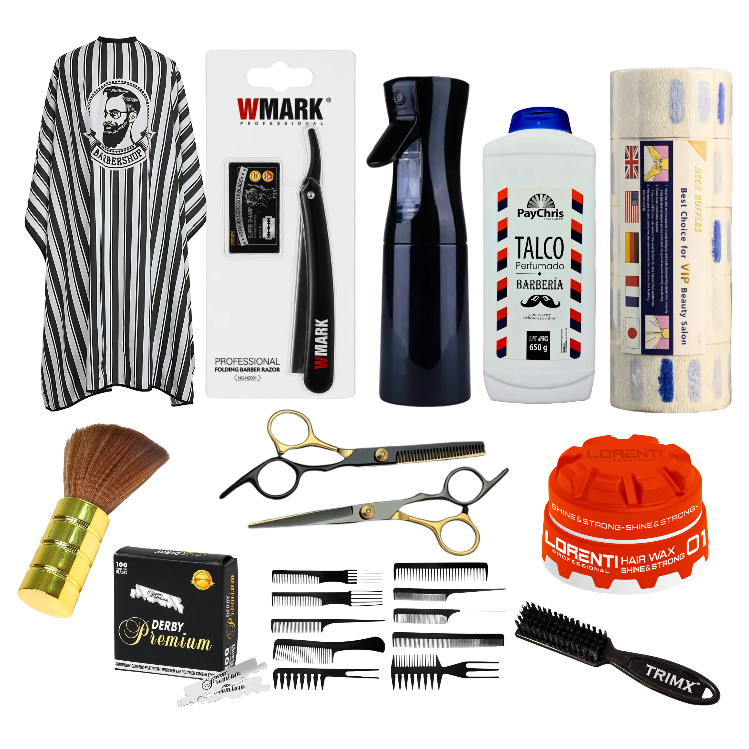 Insumos Barber Super Combo: Capa, Tijeras, Navaja, Cera, Talco Y Más - siemprecompra