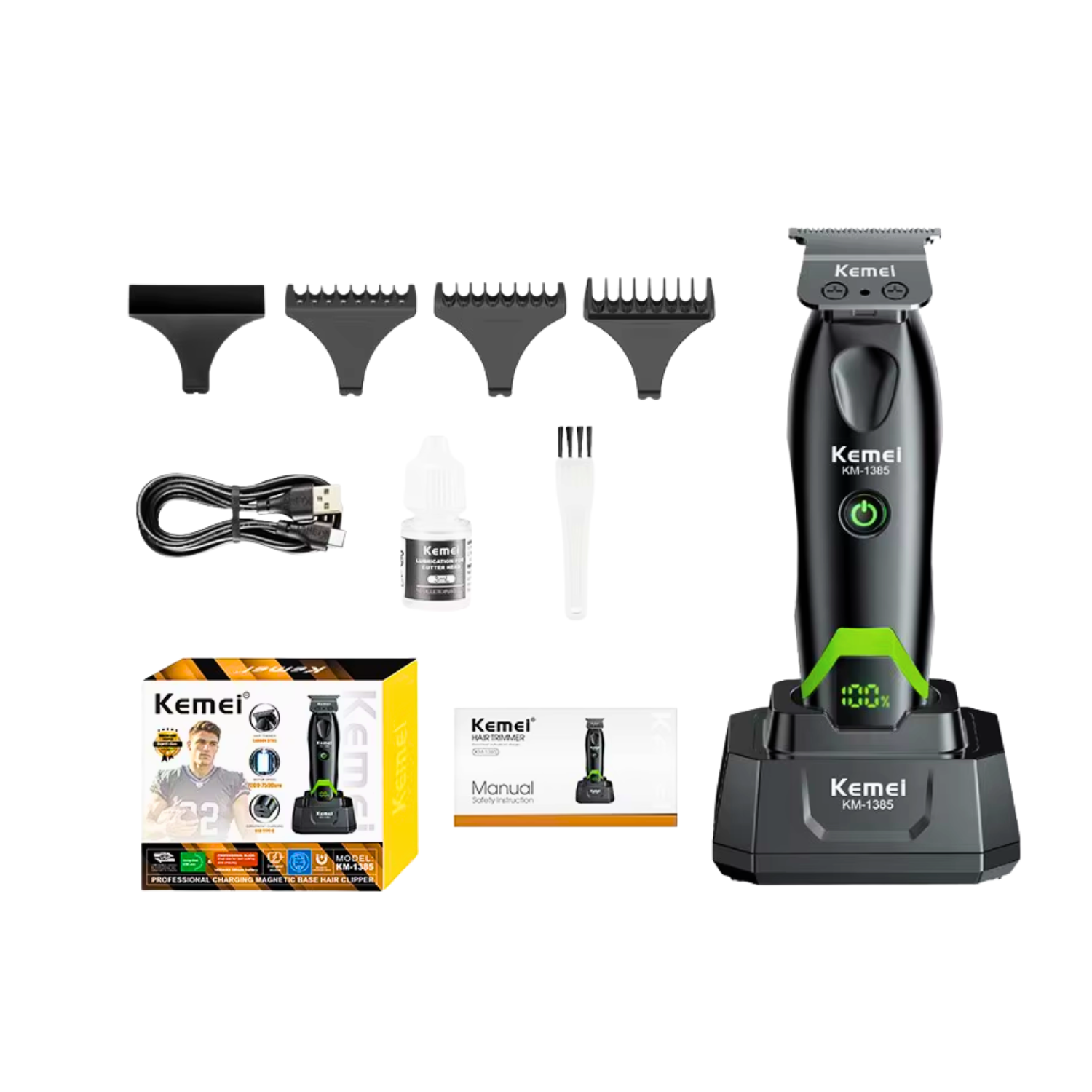Combo Barbería Kemei KM-1386 Cortadora De Pelo + KM-1385 Trimmer Negro