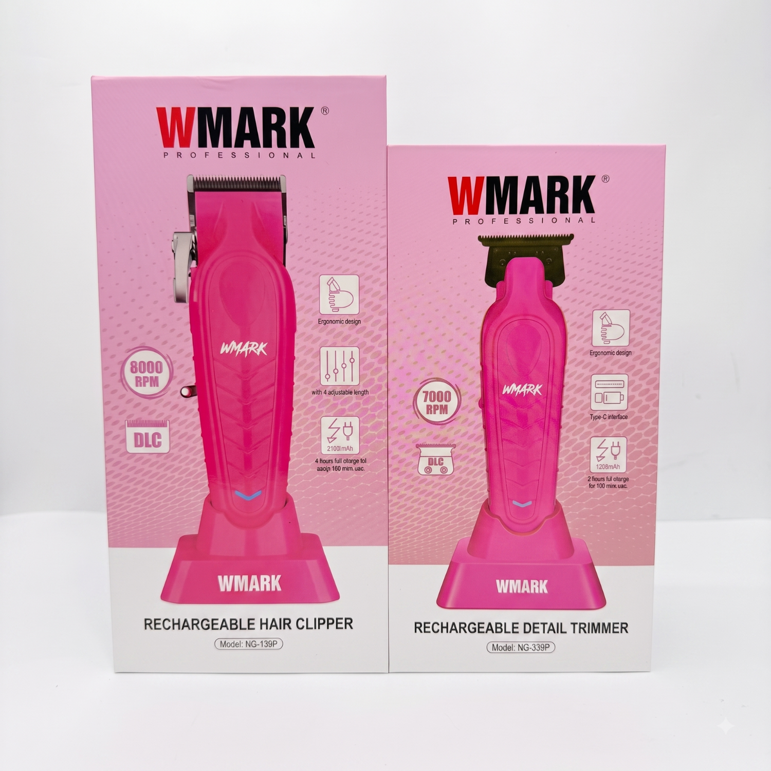 Combo Barbería Wmark Rosa Cortadora NG-139 + Patillera Trimmer NG-339