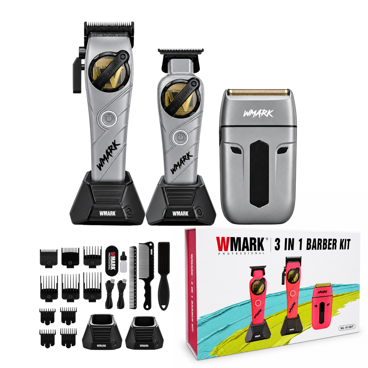 Kit Profesional de Barbería WMARK NG-1613 3 en 1 Gris – Cortapelo, Patillera y Afeitadora