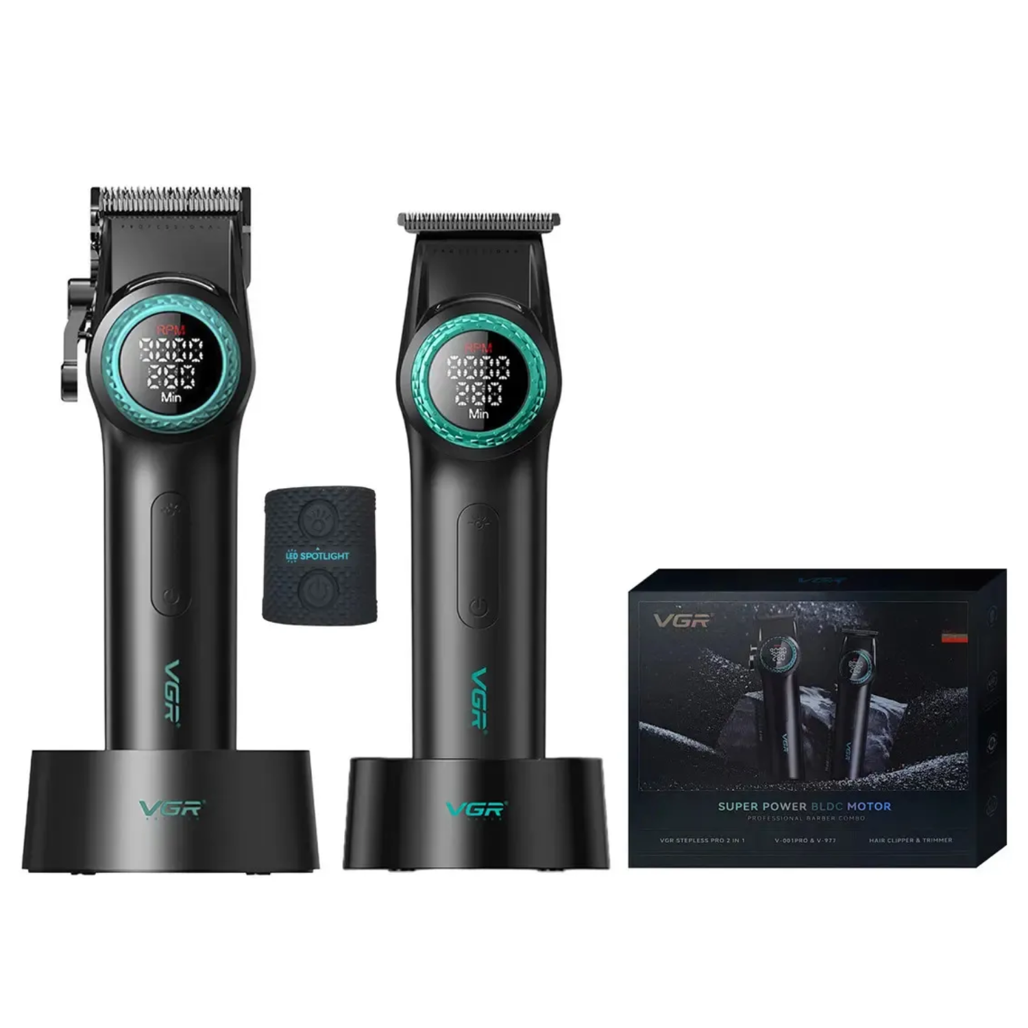 Barber Combo VGR Profesional Cortapelo V-001 + Patillera V-977 Negro